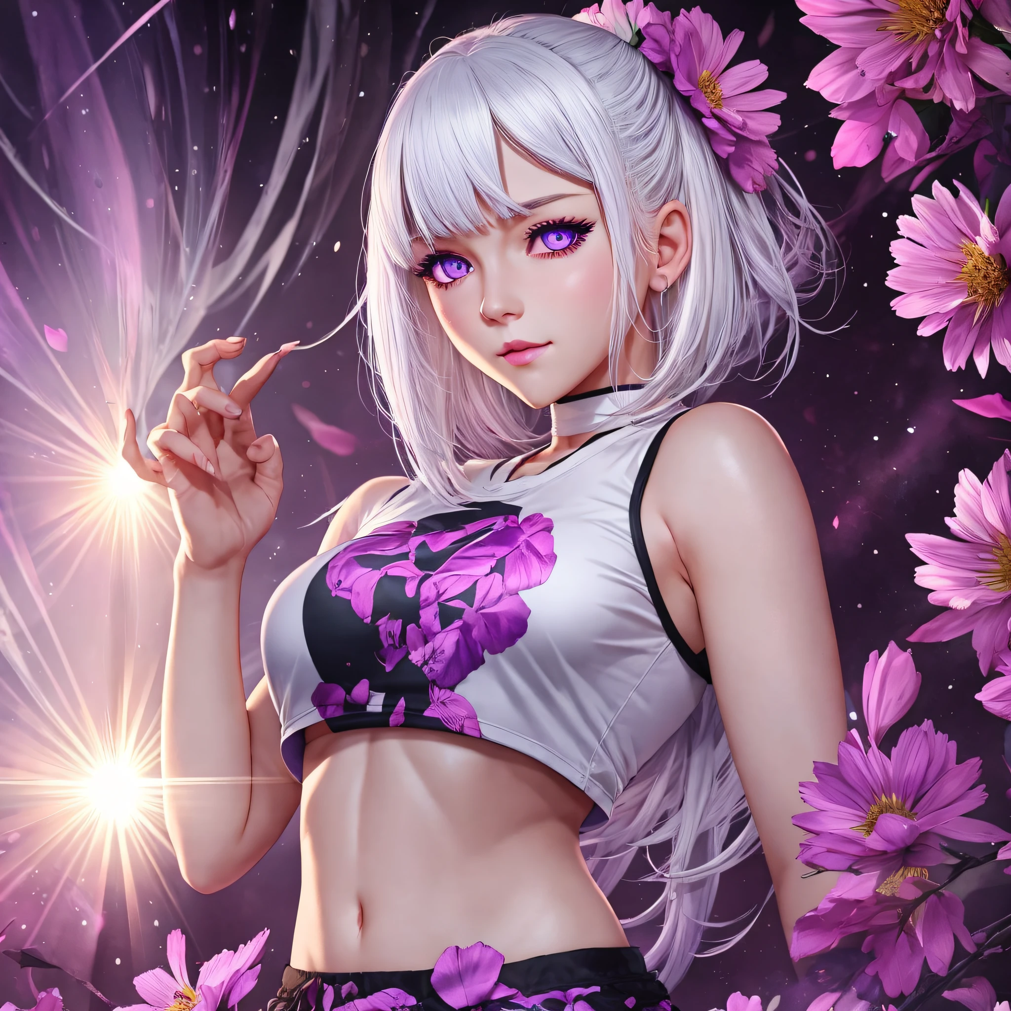 realistic, 1girl, white hair, purple eyes, glowing eyes, crop top, skirt, parted lips, blush, night, flowers, sun, sunlight, --auto --s2