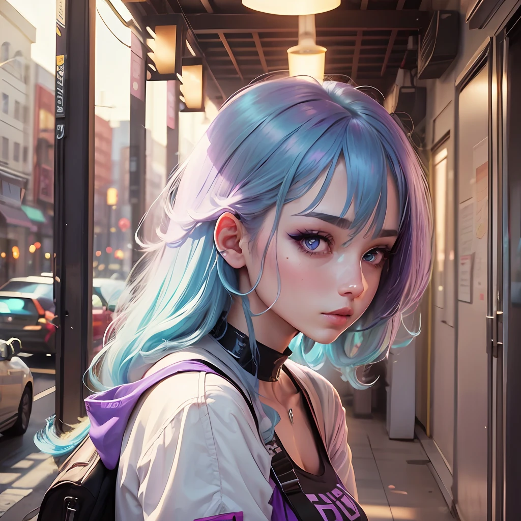 25 years old girl with cyan hair, purple eyes in anime style --auto --s2