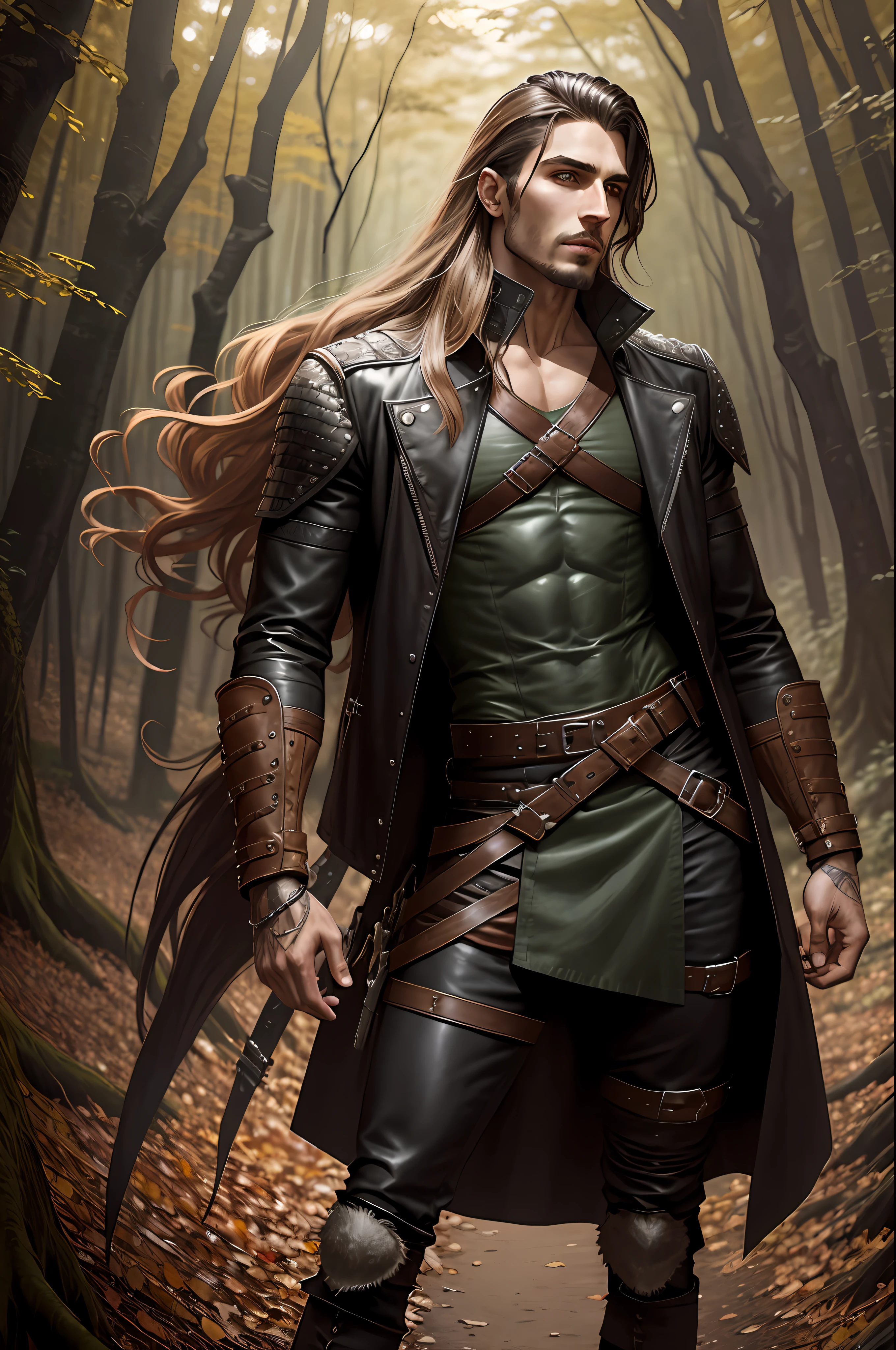 there is a man with long hair and a leather jacket in the woods, fantasy male portrait, graphic artist magali villeneuve, fantasy genre portrait, picture of an adult male warrior, male warrior, epic exquisite character art, inspired in kris from deltarrune, style of charlie bowater, trendin on artstation, charlie bowater character art, skinny male fantasy alchemist