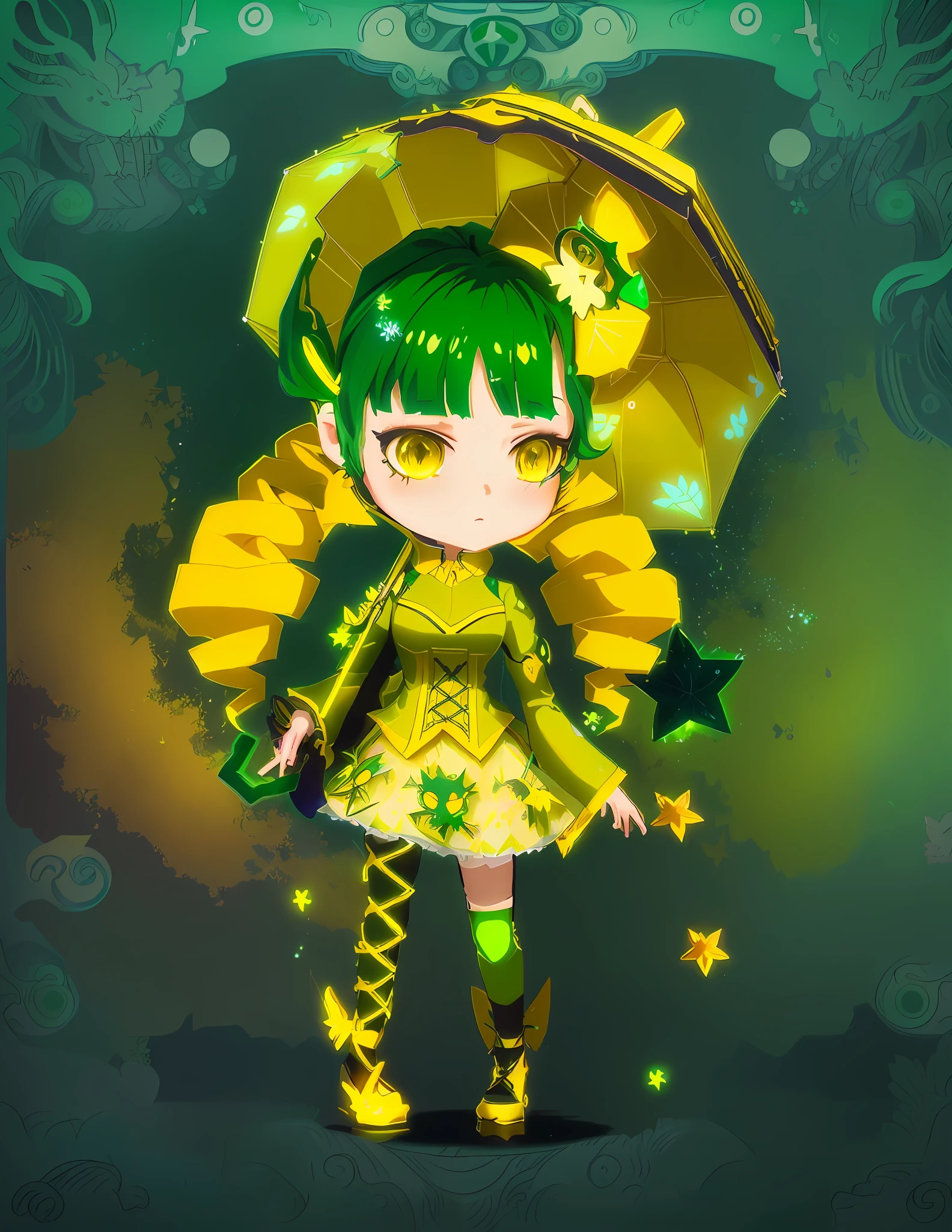 Anime girl with green hair and a green and yellow umbrella, mysterious look, stylized anime, maple story style, 3d style anime, astral witch yellow clothes, yellow outfit, bright witch, inspired gacha club game, cute character, magic girl style, celebration costume, pixie character