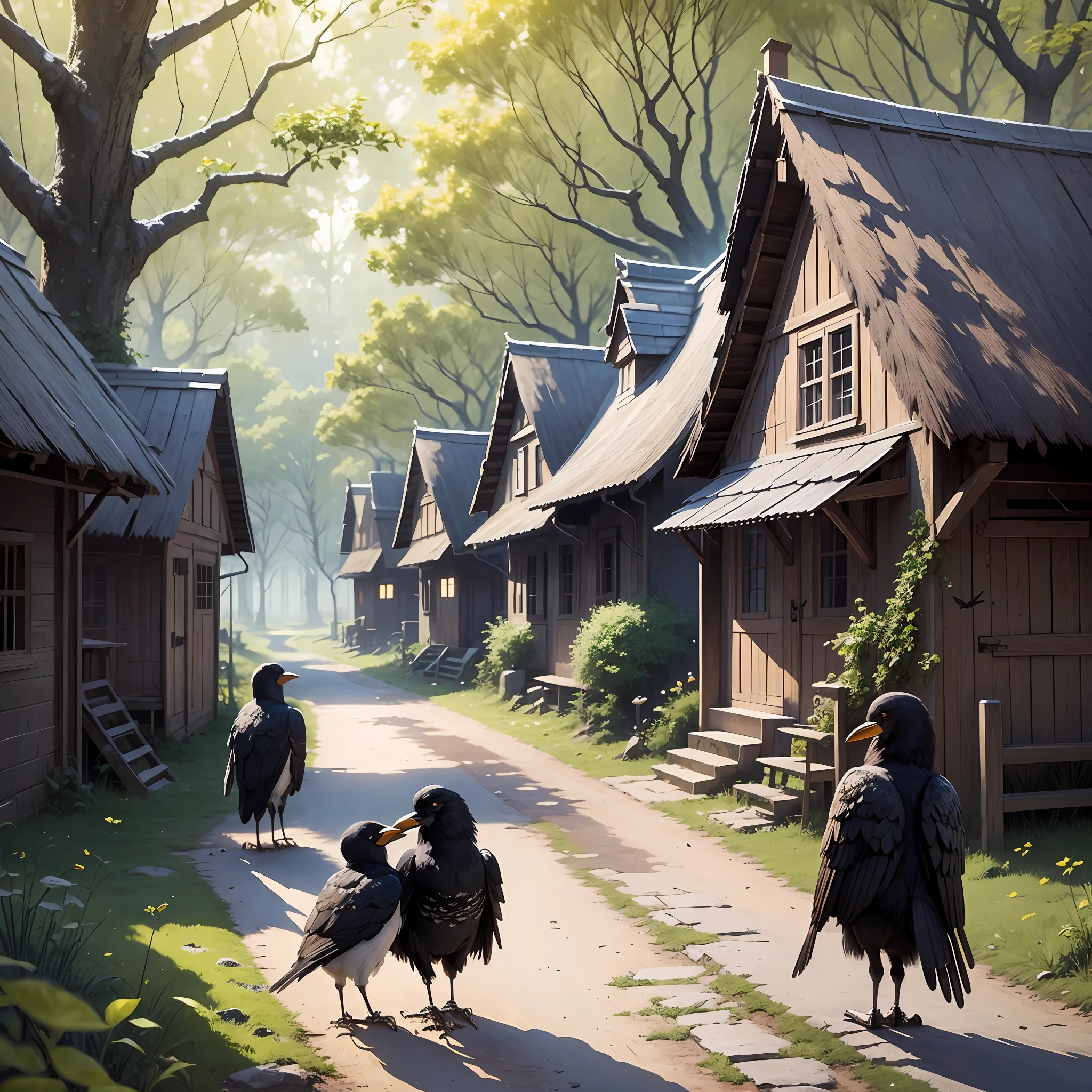 Crows feeding children in a very old village in a forest