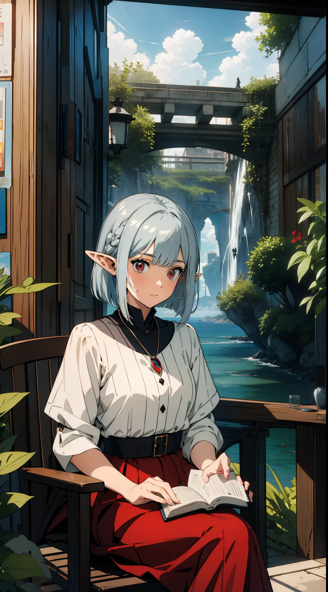 1 girl, elf, silver hair, red eyes, bob cut, seaside, reading a book, sitting, concept art, official art