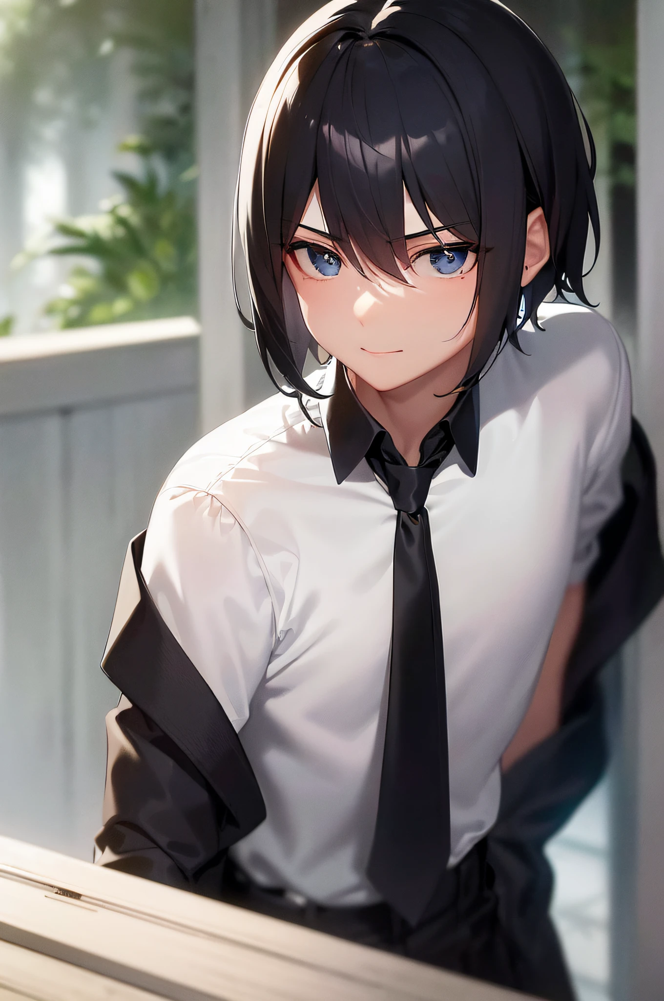 ((A male:1.2)), ((white shirt :1.2)), ((cute shirt:1.2)), glaring, Face Shot, soft light, An exquisitely detailed and beautifully rendered CG artwork featuring the epic, blue-eyed protagonist Gojou Satoru gazing directly at the viewer while standing at In the morning mist, blue eyes, (short black hair:1.2),bandage on face, ((hair bell:1.2)), (deserted roads in dense forests:1.2), (smile:1.2), ((black necktie:1.2)), styled with a captivating hairdo, cute, accentuated with bangs and hair between eyes,  highlighting his distinctive and stylish black and short hair, This dynamic composition expertly showcases his strong male focus, in a manner that captivates and intrigues viewers