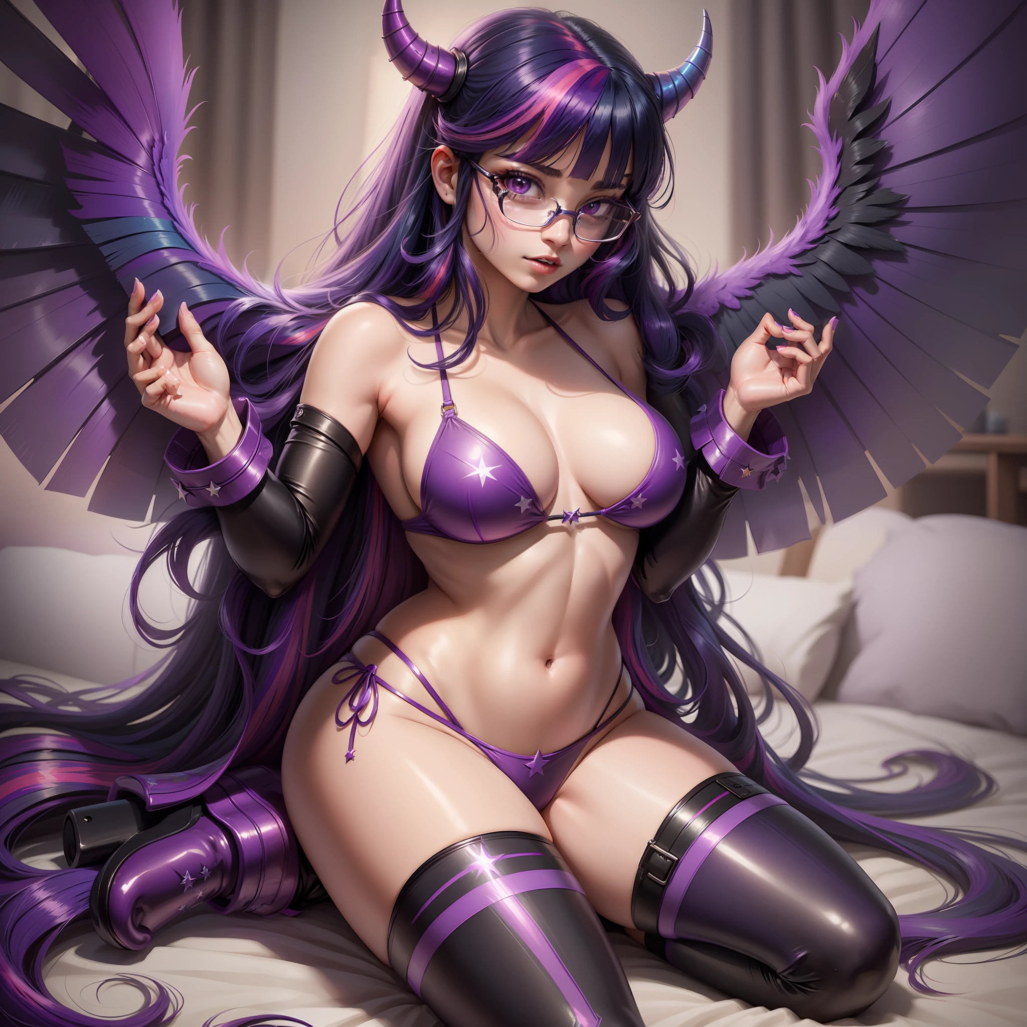 Twilight Sparkle, Twilight Sparkle from My Little Pony, Twilight Sparkle in girl shape, long hair, lush hair, full body, sexy bikini, black bikini, team leather, purple boots, full body, purple wings, purple big angel wings, purple magic, lots of magic, stellar nets, best quality, very detailed, ultra 8k resolution