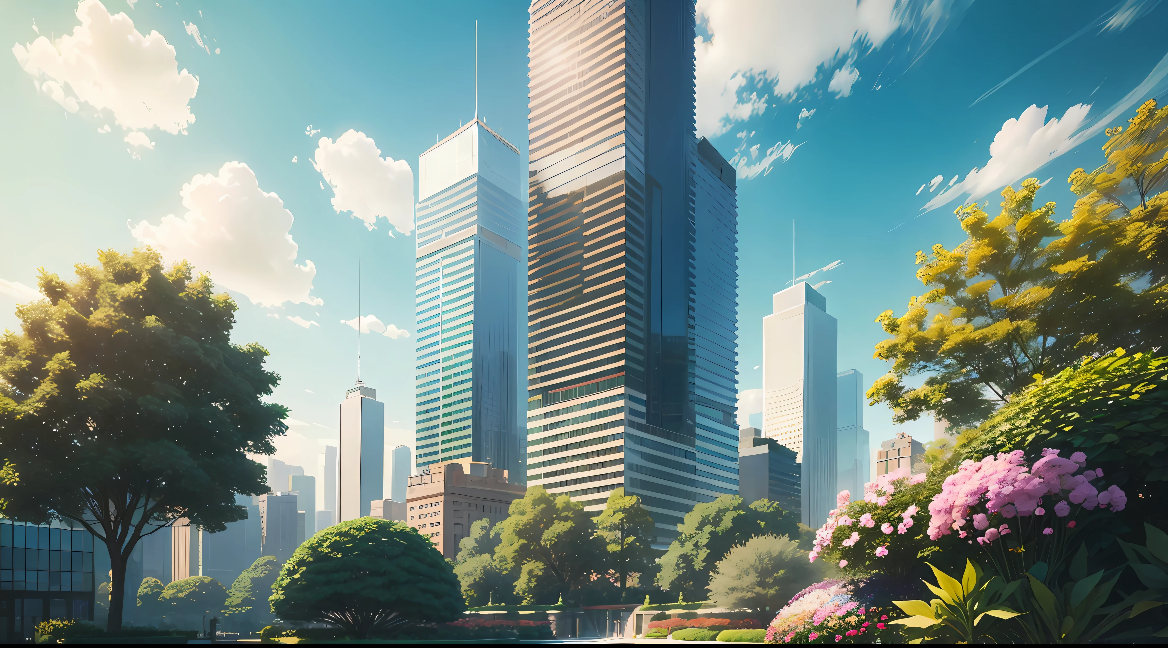 a beautiful botanical garden on top of a skyscraper in a city center, sunny day, tall building