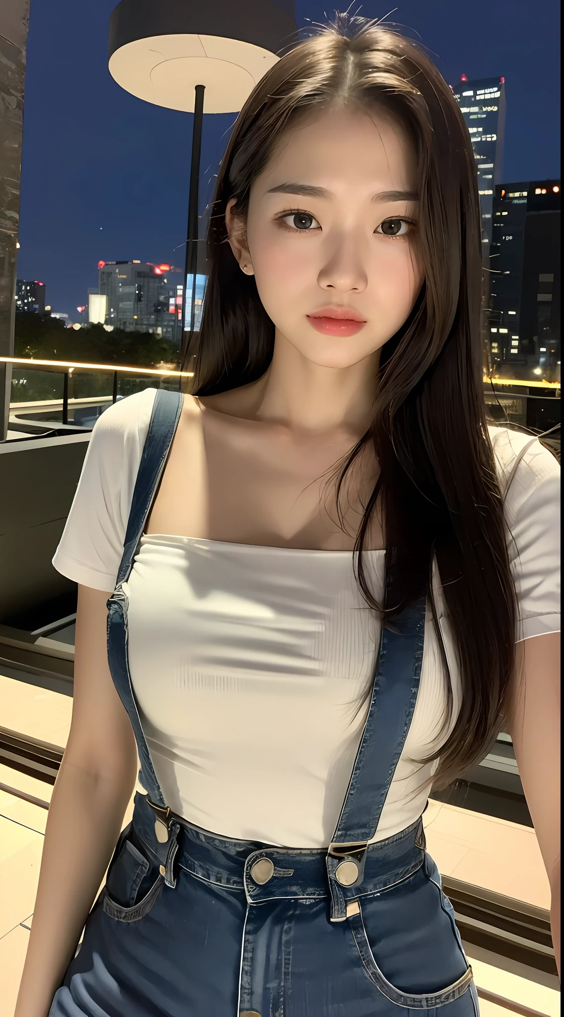 ((Midnight, Acura, 8K, Masterpiece: 1.3)), Full body, Long legs, Focal length: 1.2, Perfect Body Beauty: 1.4, Slim Abs: 1.1, ((Dark Brown Hair, Big Breasts: 1.2 )), (White Skinny T-shirt, denim suspenders, Standing: 1.2), ((City Night, Roof: 1.3)), Highly detailed face and skin texture, Detailed eyes, Double eyelids, Nudity