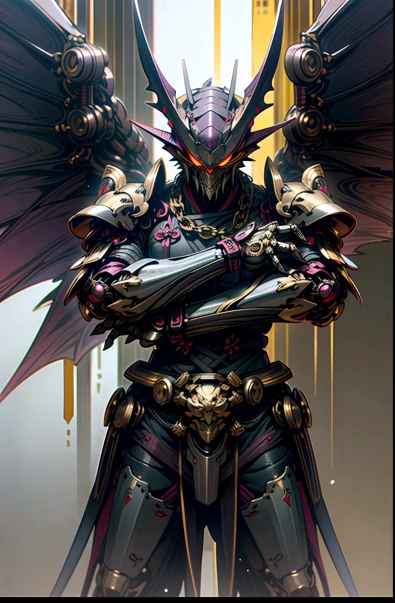 Dark_Fantasy,Cyberpunk,(chain ,samurai ,black and gold:1.1),1man, Dragon Robotic Armor, Dragon horn, mechanical dragon Wings, dark purple colored, bring a katana, authoritative pose,(steel metal [rusty])