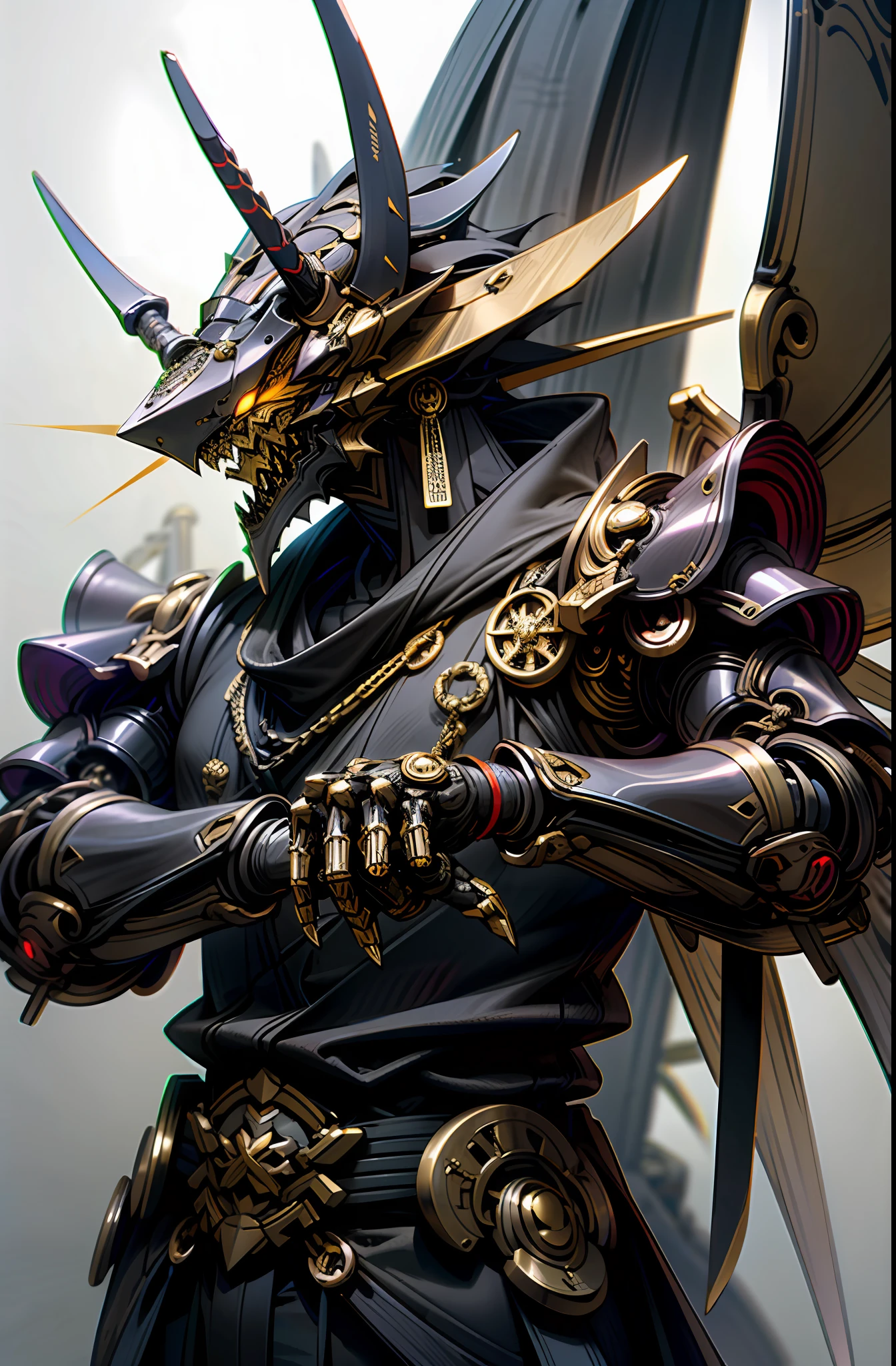 Dark_Fantasy,Cyberpunk,(chain ,samurai ,black and gold:1.1),1man, Dragon Robotic Armor, Dragon horn, mechanical dragon Wings, dark purple colored, bring a katana, authoritative pose,(steel metal [rusty])