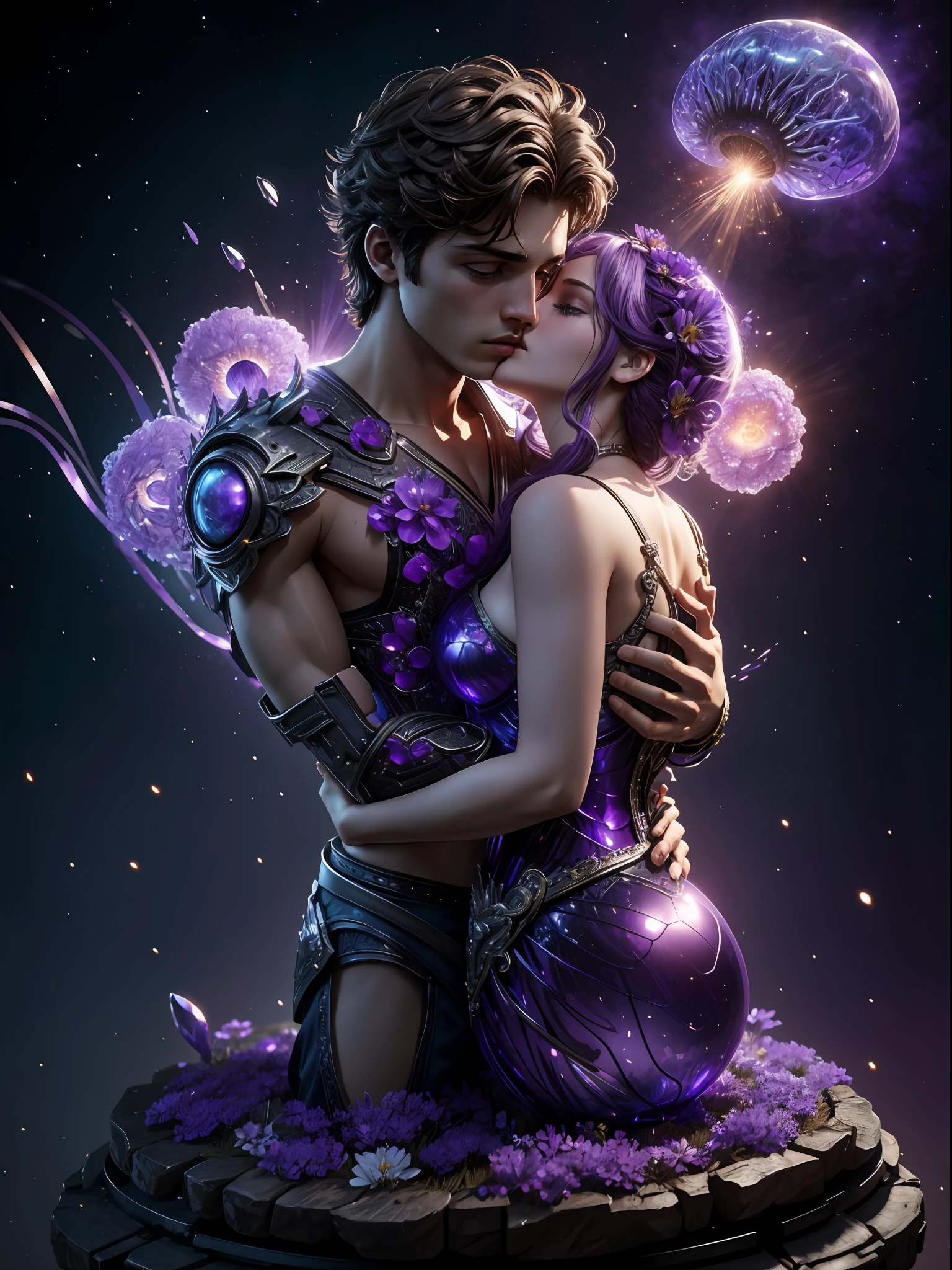 Incredible and spectacular scenes, ((high quality)), ((detailed)), ((fantasy)), "purple plasma brain, purple plasma body, realistic, best quality, 4K, flowers trapped in blisters at the top realistic, (handsome ager and beautiful girl hugging and kissing), full body portrait", image quality (3D rendering effect) , exquisite details,