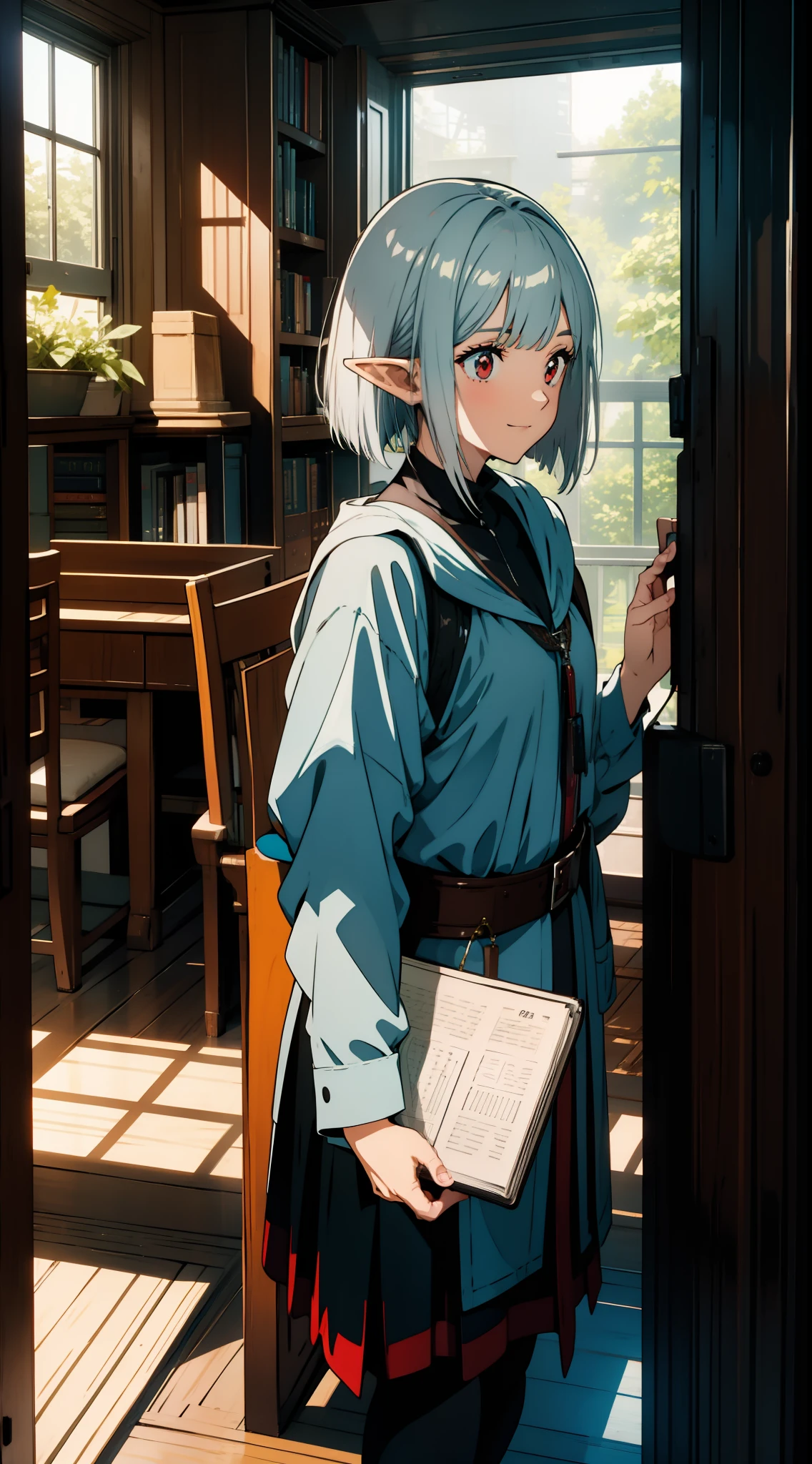One girl, elf, silver hair, red eyes, bob cut, sea, library, reading a book, laughing, concept art, official art