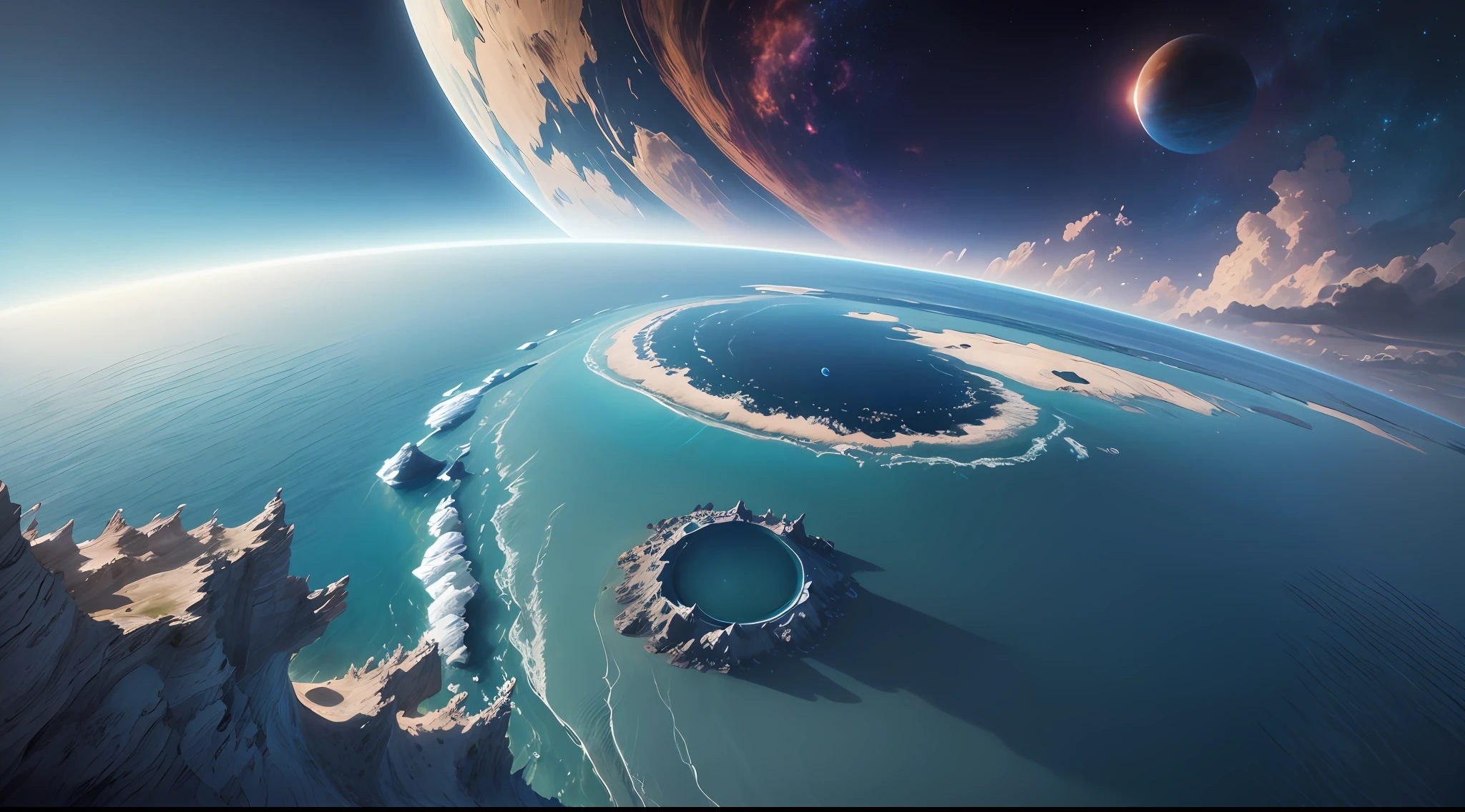 A planet with land and ocean, horizon, view from atmosphere, top view, super real, no architecture, surrealism, high detail, cinematic lighting, close up, futuristic, concept art, UHD, high detail, super detail --auto --s2