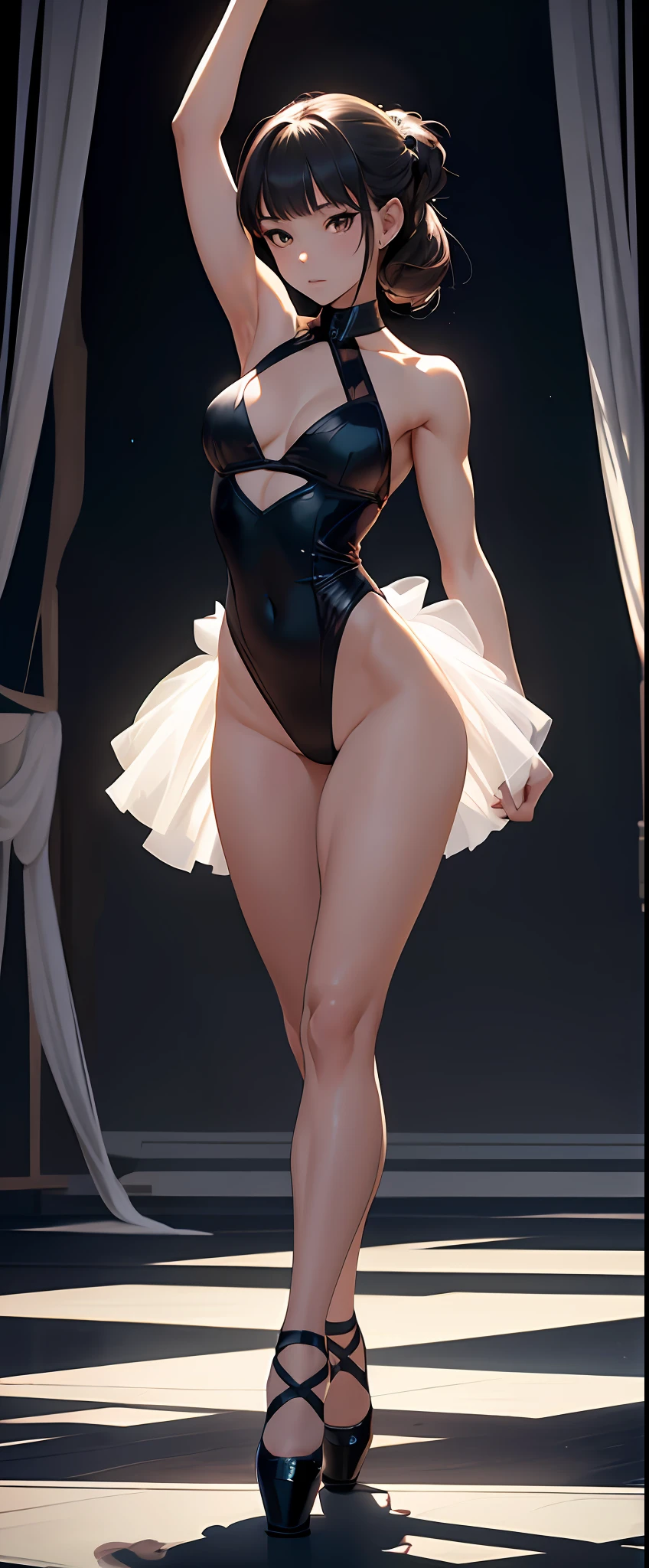 full body shot, best quality, masterpiece, 1girl, solo, petite, ballerina, black swan, beautiful, fit physique, muscular, elegant, serene, nostalgic, dancing, practice, top lighting, stage lighting, bokeh,
