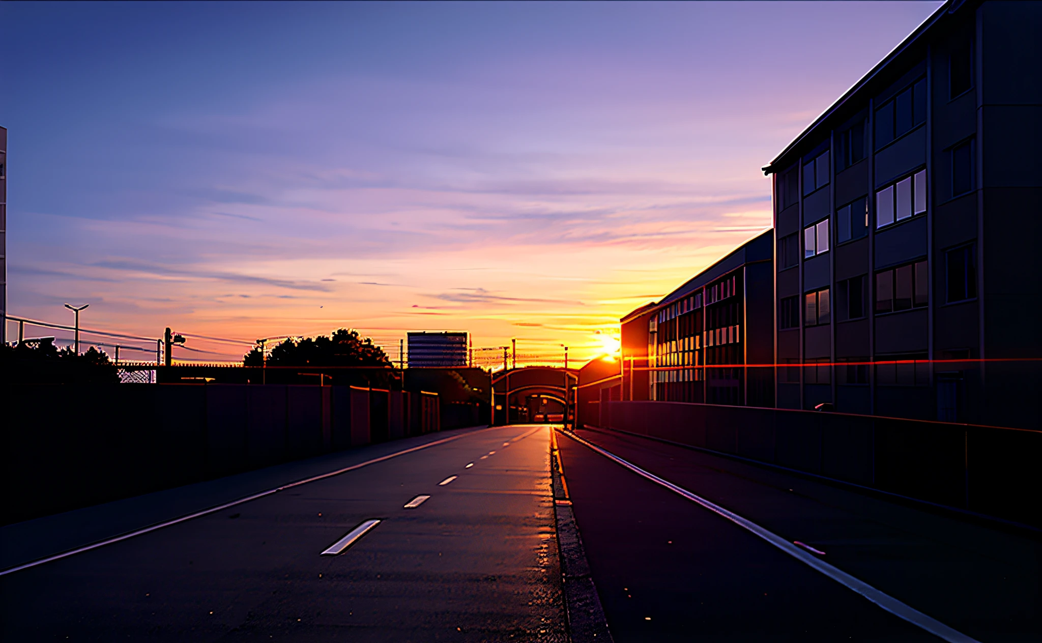 Sunset on a street with a bridge and a building in the background, shot with a sigma20mm f 11. It is sunset, sunset lighting, sunset time, sun setting, wide angle photo, sunset evening lighting