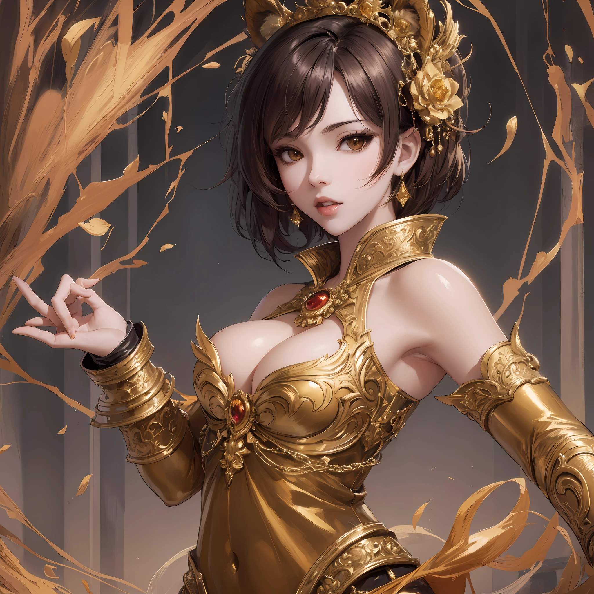 Closet up sexy and seductive Thai woman with short brown hair, large breasts set body wearing tiger armor with golden gloves mystic flaming anime style) (anime art style, high quality picture --auto --s2