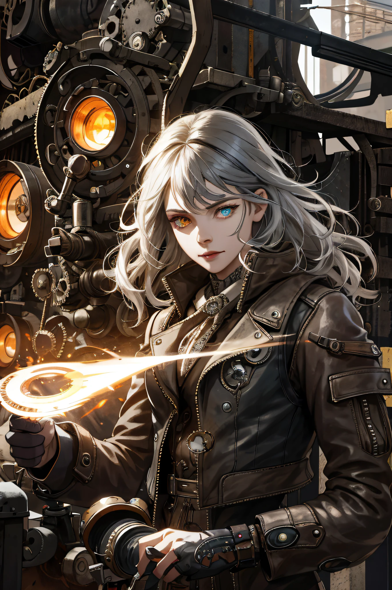 (absurdres, highres, ultra detailed), 1woman, mature female, aged up, wavy long hair, split-color hair, heterochromia, bangs, long sleeves, finely detailed eyes and detailed face, extremely detailed CG unity 8k wallpaper, intricate details, (style-rustmagic:0.8), (medieval cyborg:0.8), portrait, (bloody wounds:0.7), looking at viewer, solo, half shot, detailed background, (steampunk theme:1.1) determined expression, dark couds technomancer, floating lights, color leather vest with gears, techwear, jetpack, workshop in background, machines, gears, steam, industry, technology, furnace, grime, anvil, buttons, levers, automaton, electricity, electric sparks epic atmosphere,, portrait