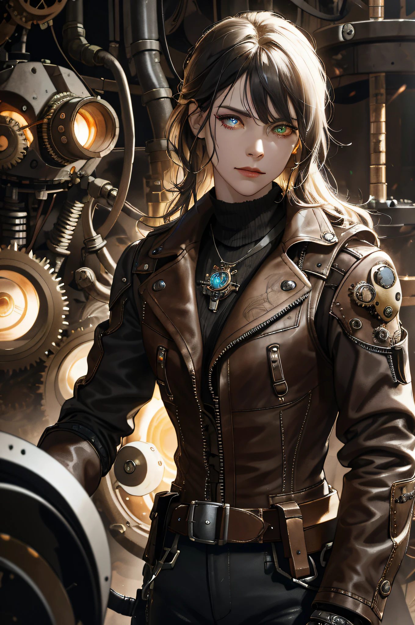 (absurdres, highres, ultra detailed), 1woman, mature female, aged up, wavy long hair, split-color hair, heterochromia, bangs, long sleeves, finely detailed eyes and detailed face, extremely detailed CG unity 8k wallpaper, intricate details, (style-rustmagic:0.8), (medieval cyborg:0.8), portrait, (bloody wounds:0.7), looking at viewer, solo, half shot, detailed background, (steampunk theme:1.1) determined expression,  dark couds technomancer, floating lights, color leather vest with gears, techwear,  jetpack,   workshop in background, machines, gears, steam, industry, technology, furnace, grime, anvil,  buttons, levers,  automaton,  electricity, electric sparks epic atmosphere,, portrait