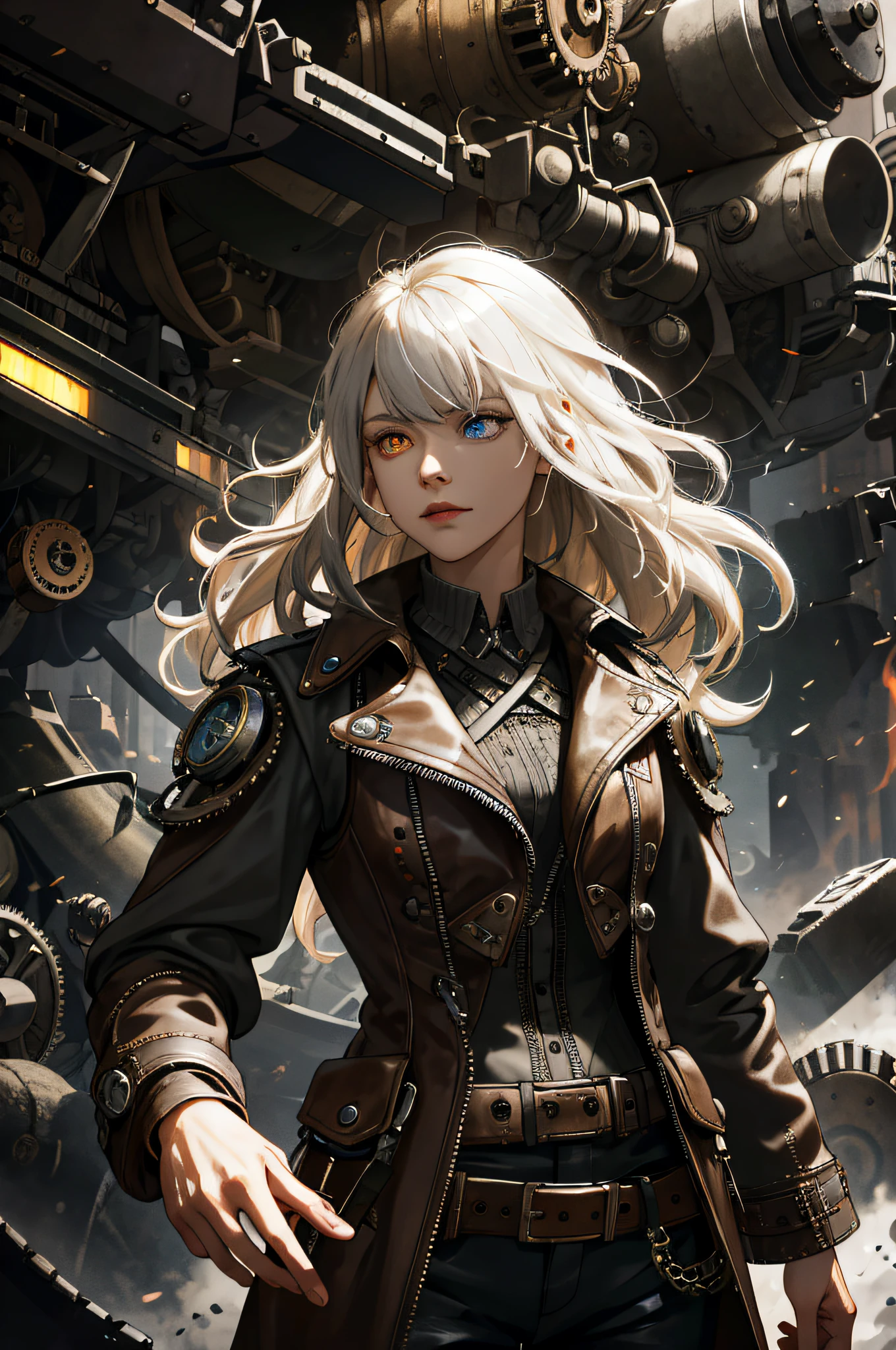 (absurdres, highres, ultra detailed), 1woman, mature female, aged up, wavy long hair, split-color hair, heterochromia, bangs, long sleeves, finely detailed eyes and detailed face, extremely detailed CG unity 8k wallpaper, intricate details, (style-rustmagic:0.8), (medieval cyborg:0.8), portrait, (bloody wounds:0.7), looking at viewer, solo, half shot, detailed background, (steampunk theme:1.1) determined expression, dark couds technomancer, floating lights, color leather vest with gears, techwear, jetpack, workshop in background, machines, gears, steam, industry, technology, furnace, grime, anvil, buttons, levers, automaton, electricity, electric sparks epic atmosphere,, portrait