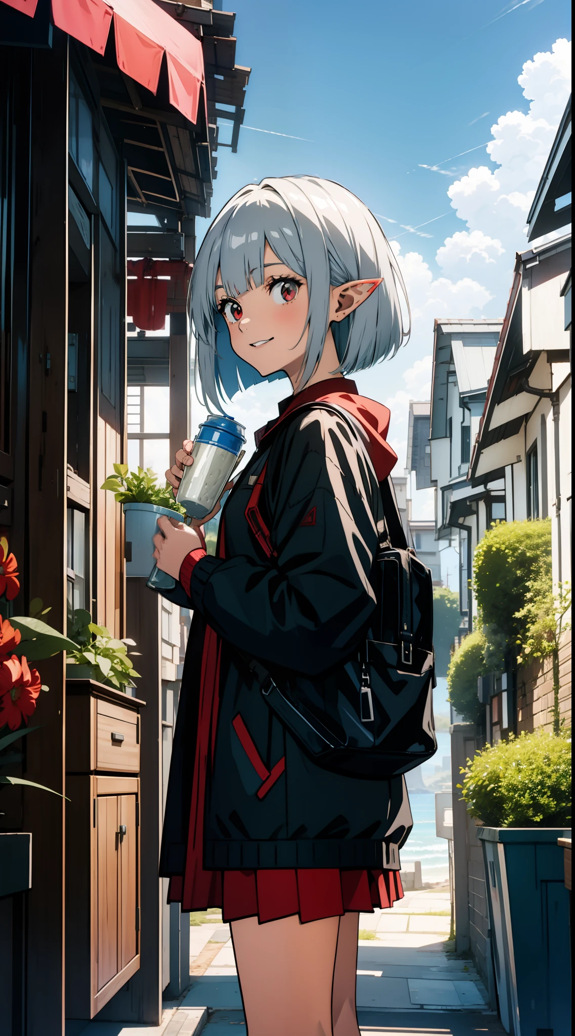 One girl, elf, silver hair, red eyes, bob cut, seaside city, eating, laughing, concept art, official art