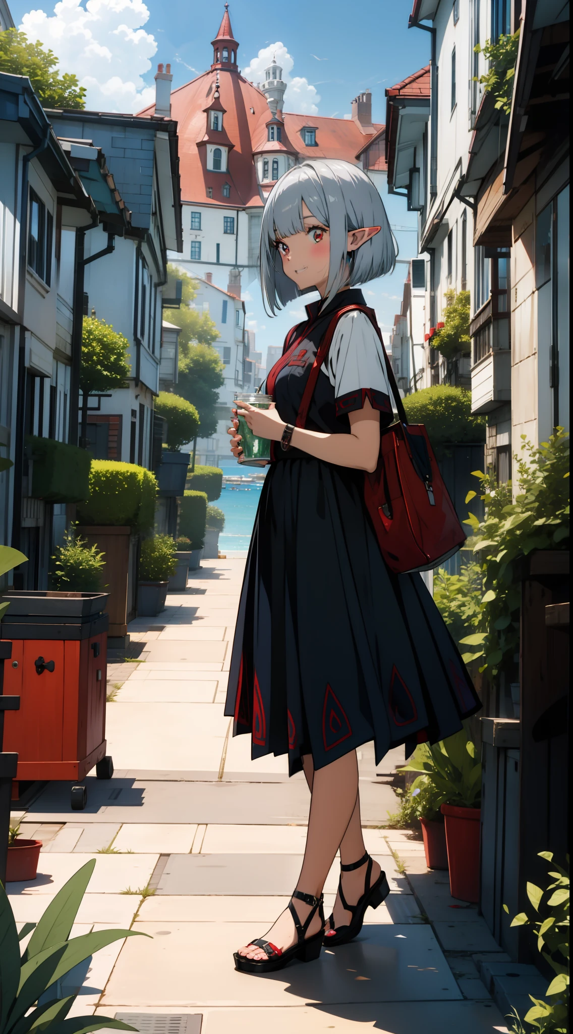 One girl, elf, silver hair, red eyes, bob cut, seaside city, eating, laughing, concept art, official art