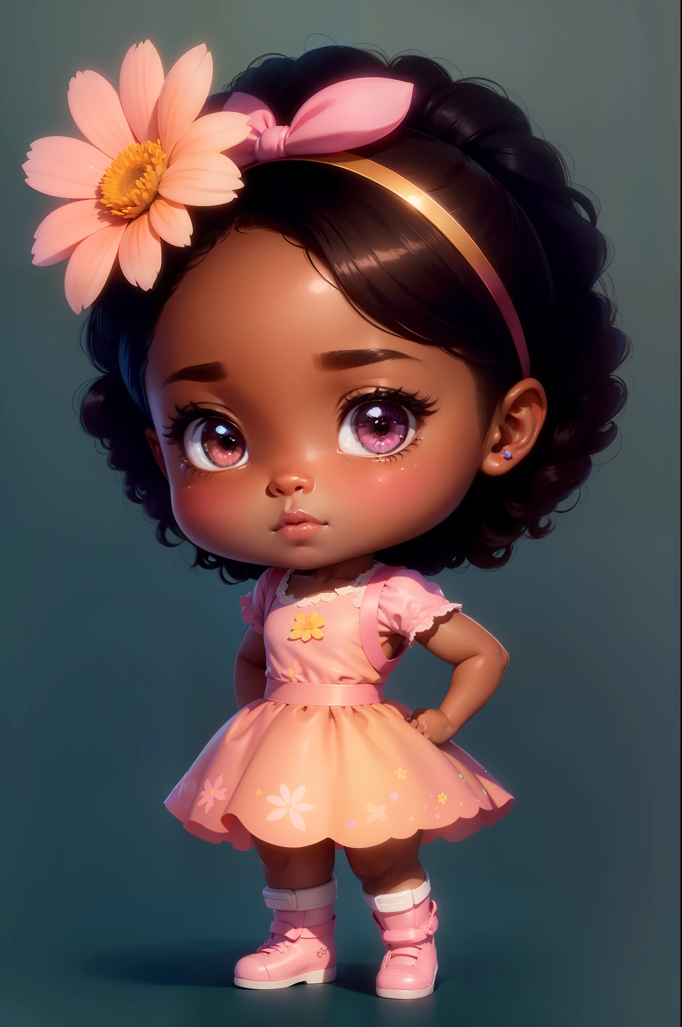 a little girl with a flower in her hair, pixar splash art, ( ( brown skin ) ), the artist has used bright, beautiful brown eyes, african female android, mobile game asset, her skin is light brown, with soft pink colors, rendered in v-ray, lizzo, disney - style, chibi proportions, by Ben Enwonwu, behance art