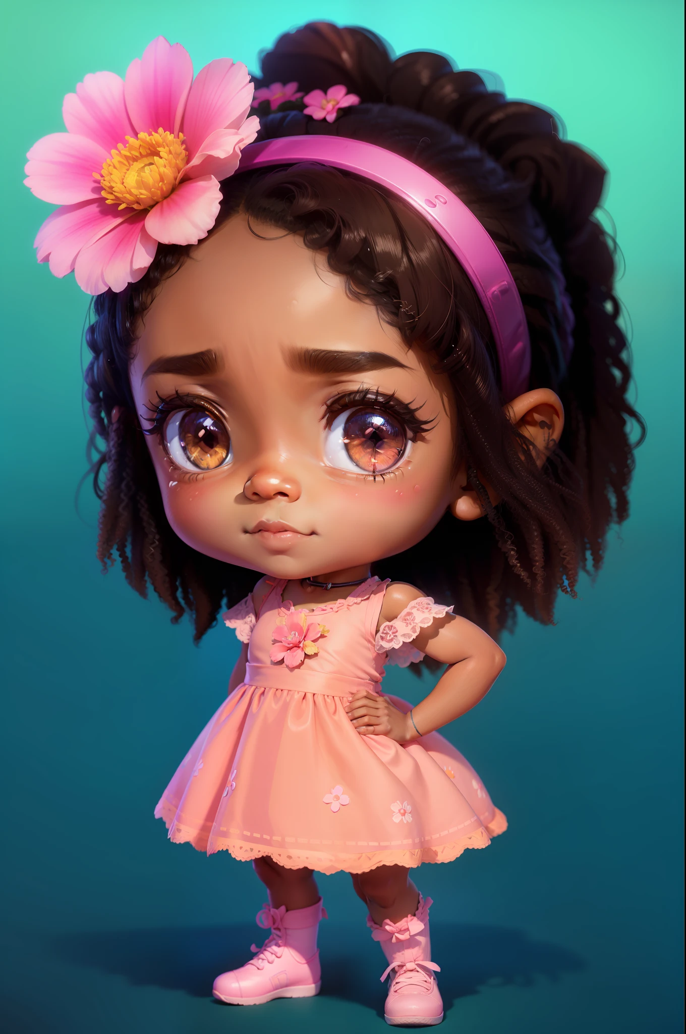 a  with a flower in her hair, pixar splash art, ( ( brown skin ) ), the artist has used bright, beautiful brown eyes, african female android, mobile game asset, her skin is light brown, with soft pink colors, rendered in v-ray, lizzo, disney - style, chibi proportions, by Ben Enwonwu, behance art