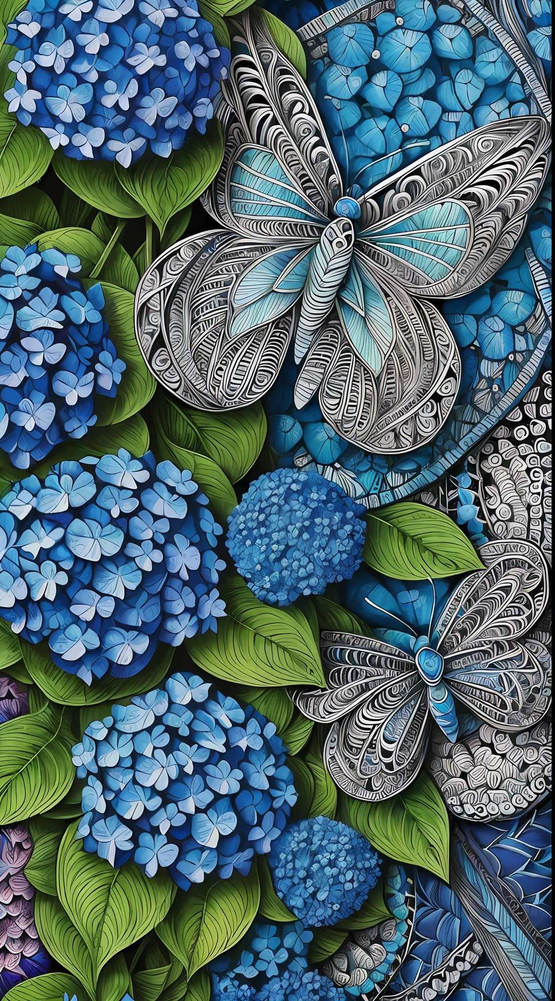 (masterpiece, best quality:1.4), wonderful illustration, mobile wallpaper, (magnificent blue hydrangea, adorable butterflies), UHD, intense colors, (zentangle:1.4), high contrast, complex background