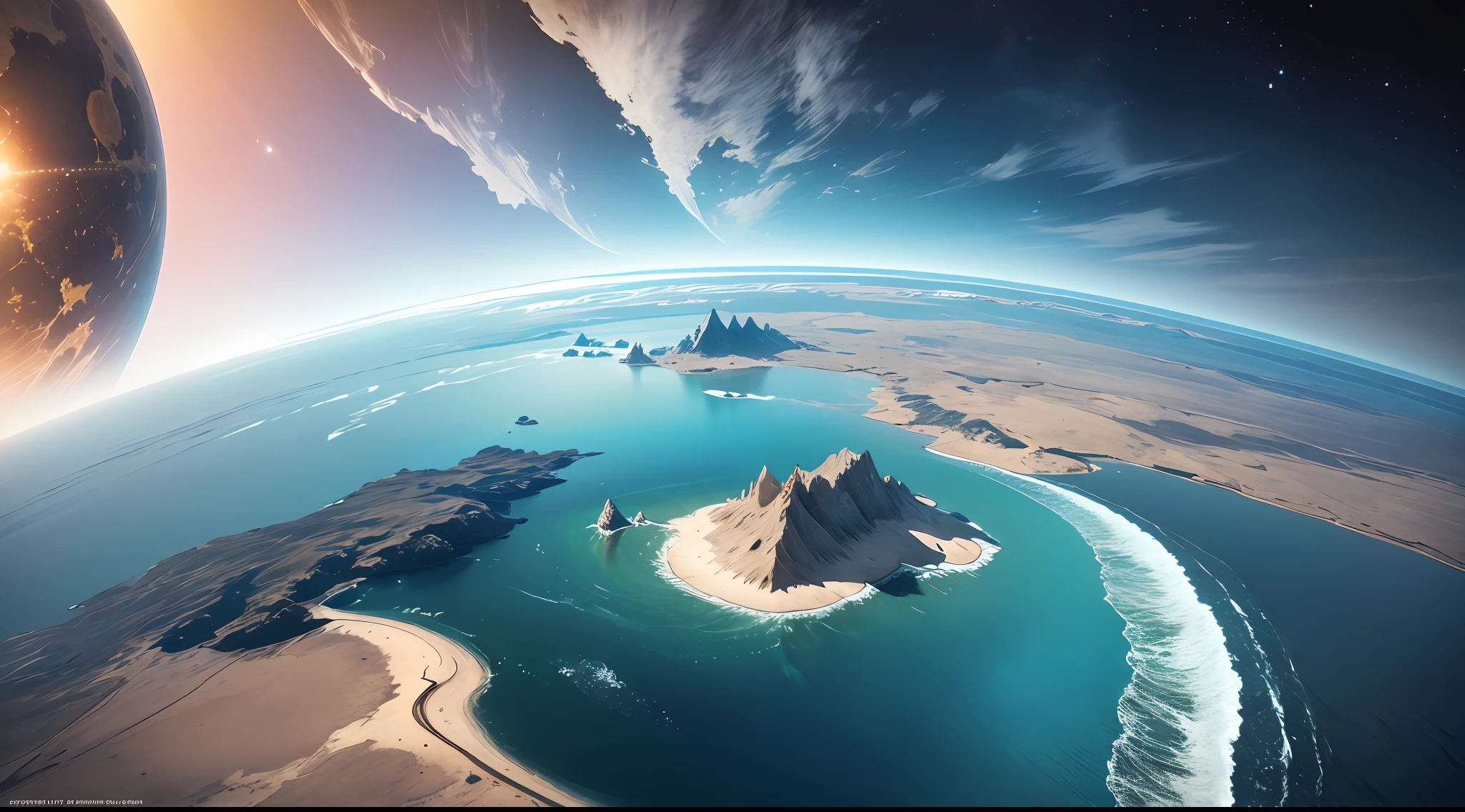 A planet with land and ocean, horizon, view from atmosphere, top view, super real, no architecture, surrealism, high detail, cinematic lighting, close up, futuristic, concept art, UHD, high detail, super detail --auto --s2