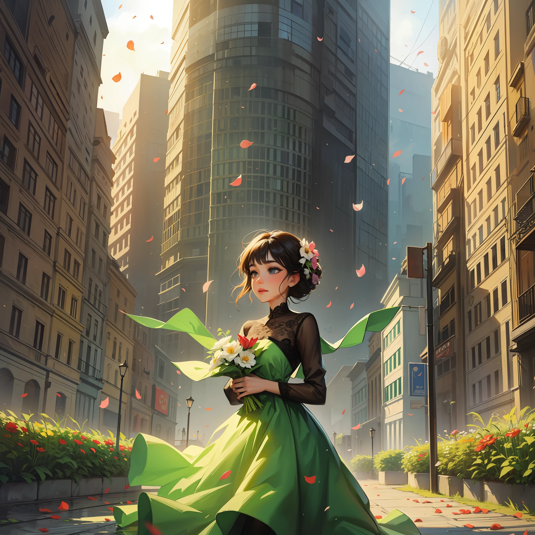 A woman whose eyes are flower petals and her dress is grass, in the middle of a city with pollution