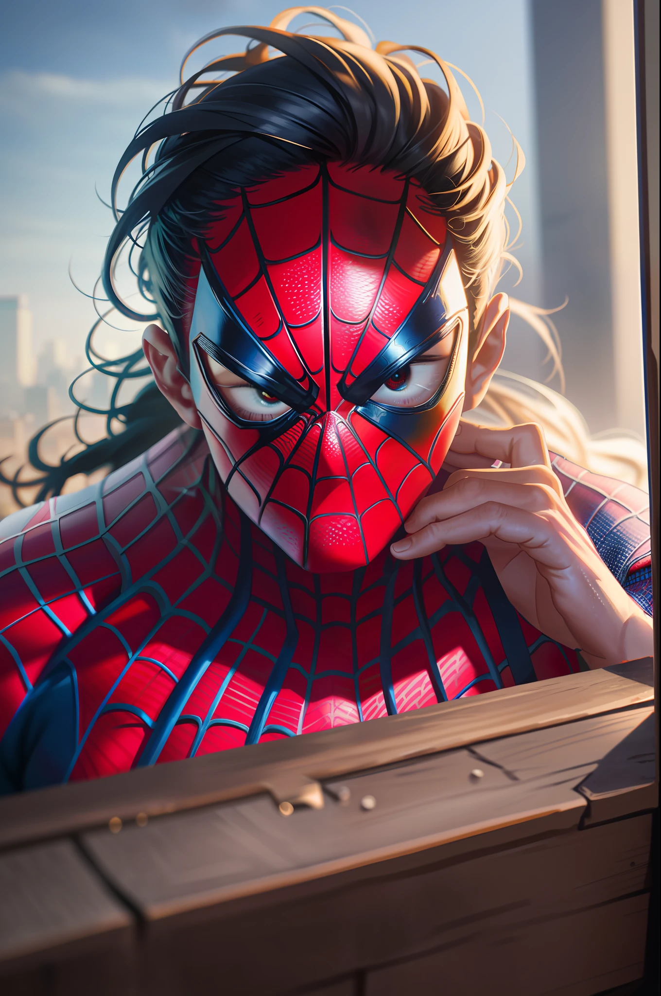 Spiderman without chew with big hair tied, amazing detail, photography, masterpiece, photorealistic, atmospheric, cinematic, HDR, Canon, Sony, Lumix, 8k, UHD