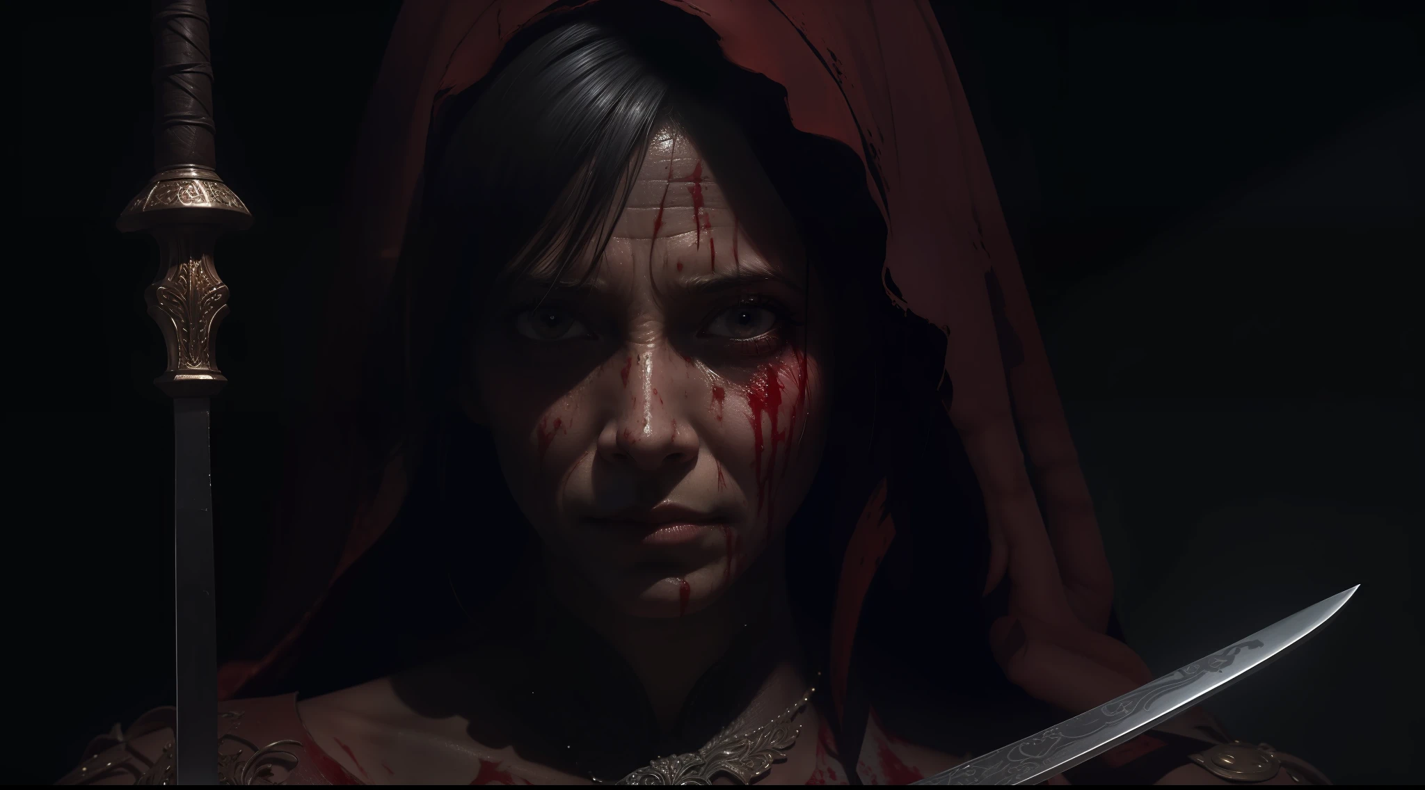 Award-winning photo from the waist up, ((best quality)), ((ultra res)), ((photorealistic)), (intricate details), portrait of a very poor woman with wrinkles and dirty details all over her body made with blood ambient darkness with a sword, dramatic, dark, sharp focus, 8K