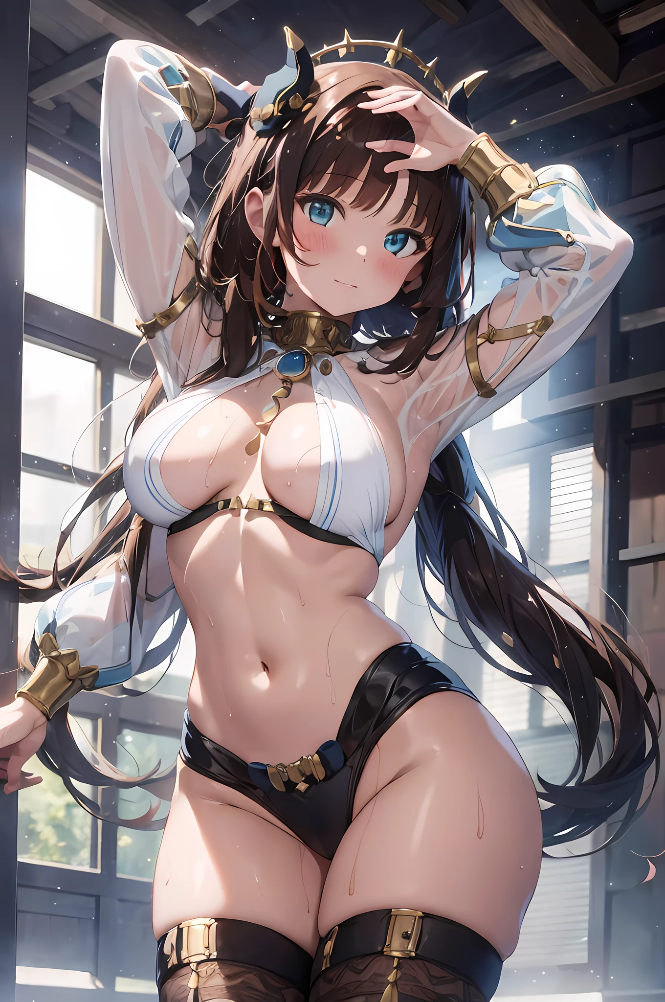Genshin impact, Nilou, ((best quality, high resolution, distinct image)), (delicate illustration), 8k, 1girl, solo, extremely cute and beautiful, cowboy shot, Crypto.com Arena background, indoor live stage, blush, breasts, wet, (Nilou outfit:1.3), standing, spread arms in the air, from below, (large breasts:1.15), light smile, breathing, perfect anatomy, perfect proportion, seductive model posing,