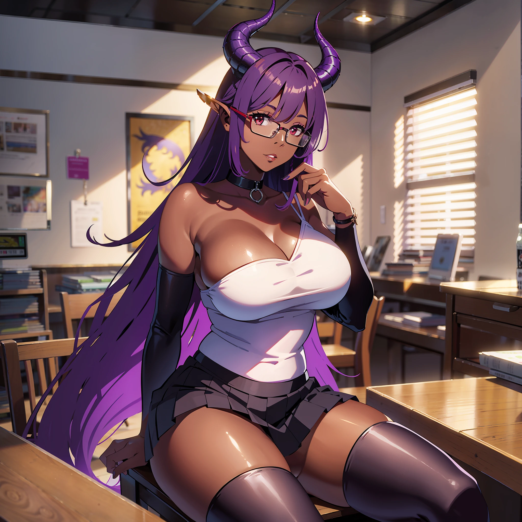 (dark skin), purple hair, (best quality, masterpiece), sitting, looking at the viewer, hands on the table, table in front, office background, 1woman, neckline, mini skirt, white shirt, large breasts, large thighs, dark skin, glasses, short, dark skin, solo,, standing, scales, dark red dragon horns, dark red dragon tail, subtle paterns of bright shades of purple along its limbs and tail, red eyes