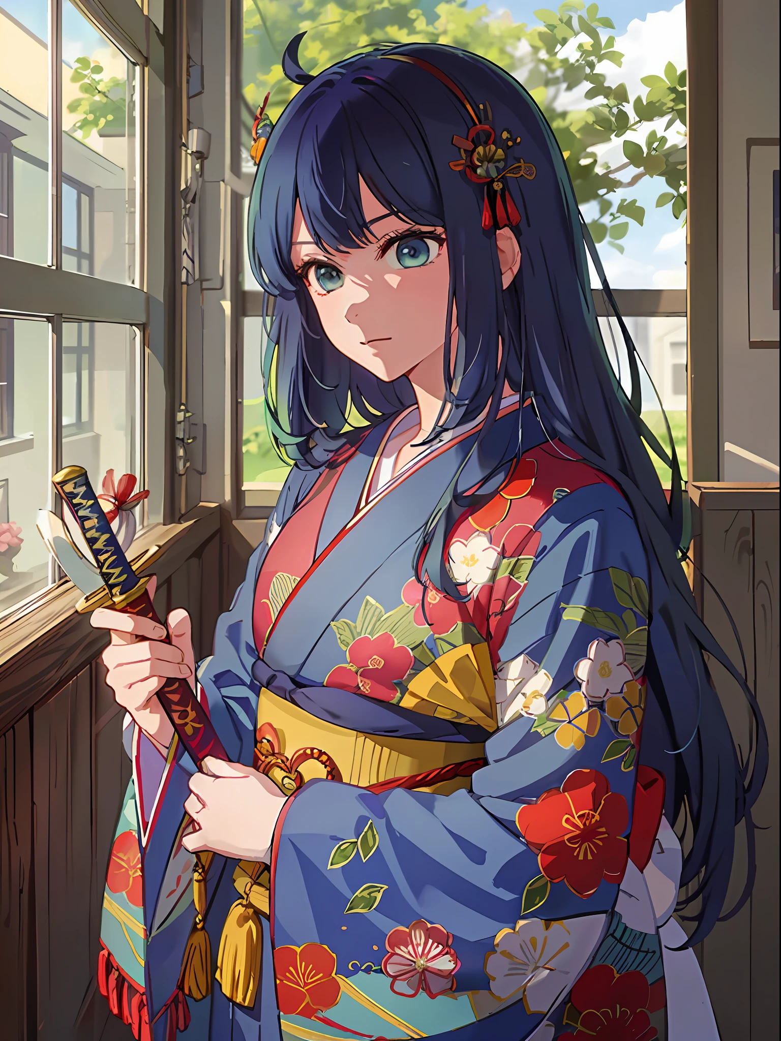 (RAW Photography, Best Quality, Masterpiece), (Real, Photoreal), (Masterpiece), (Best Quality), 1 Girl, Solo, Akane, Blue Hair, Japan Kimono, Long Hair, Bangs, Hair Ornament, Oiran , Red Kimono, Floral Kimono, Lipstick, (With Sword: 1.2), Woman in Red Feathers, Blunt Bangs, hime_cut