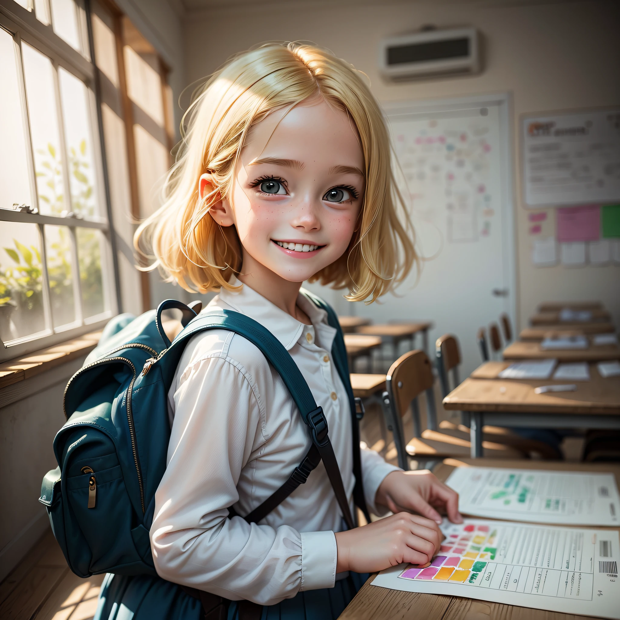 Watercolour. Detailed. In comic book style, Outlined. Comic book. A 5--old l, blonde European, is in an old and beautiful classroom, she is wearing school uniform with backpack on the back and it is her first day of school. She's happy and smiling. The room has large windows and illuminated by sunlight, the room has many children, boys and girls of the same age as her, light and shade, colorful --auto --s2