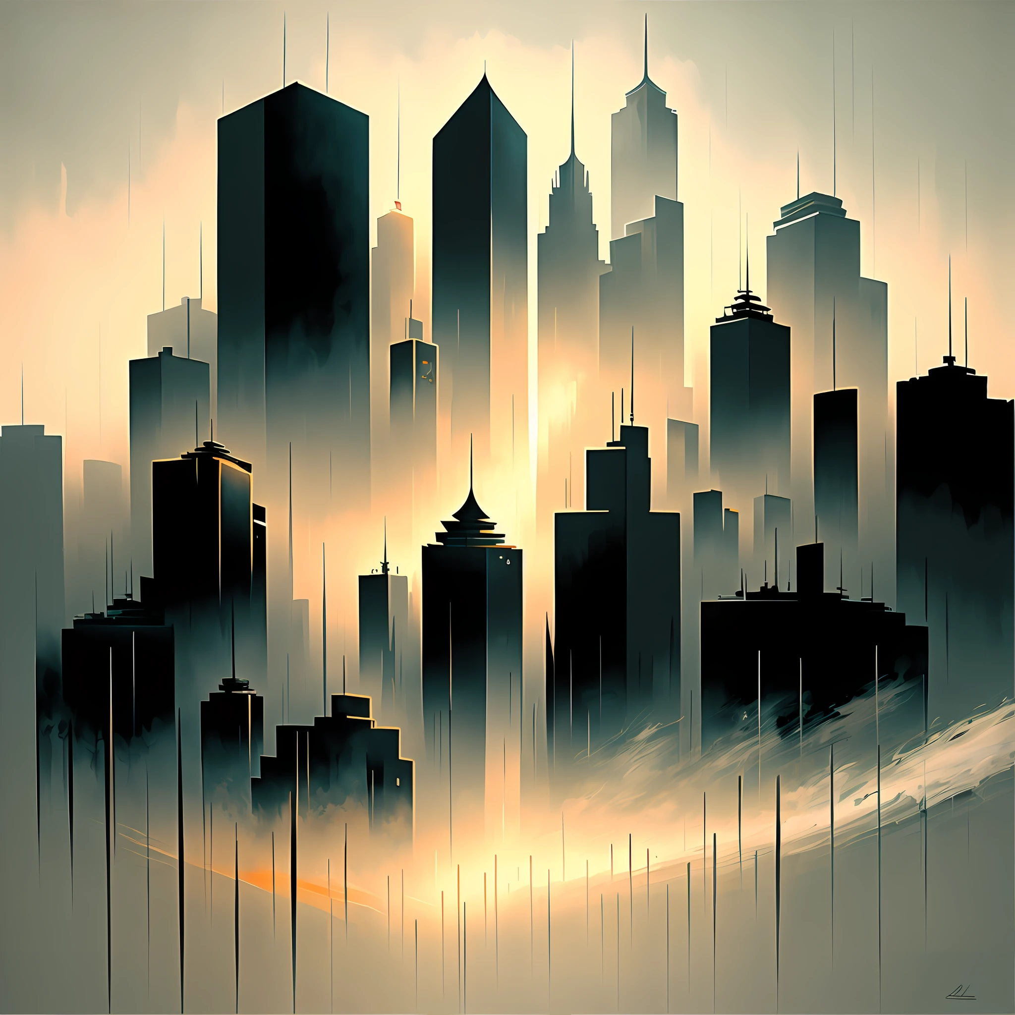 abstract modern art painting,bold brushstrokes,fog,city buildings,sunbeams