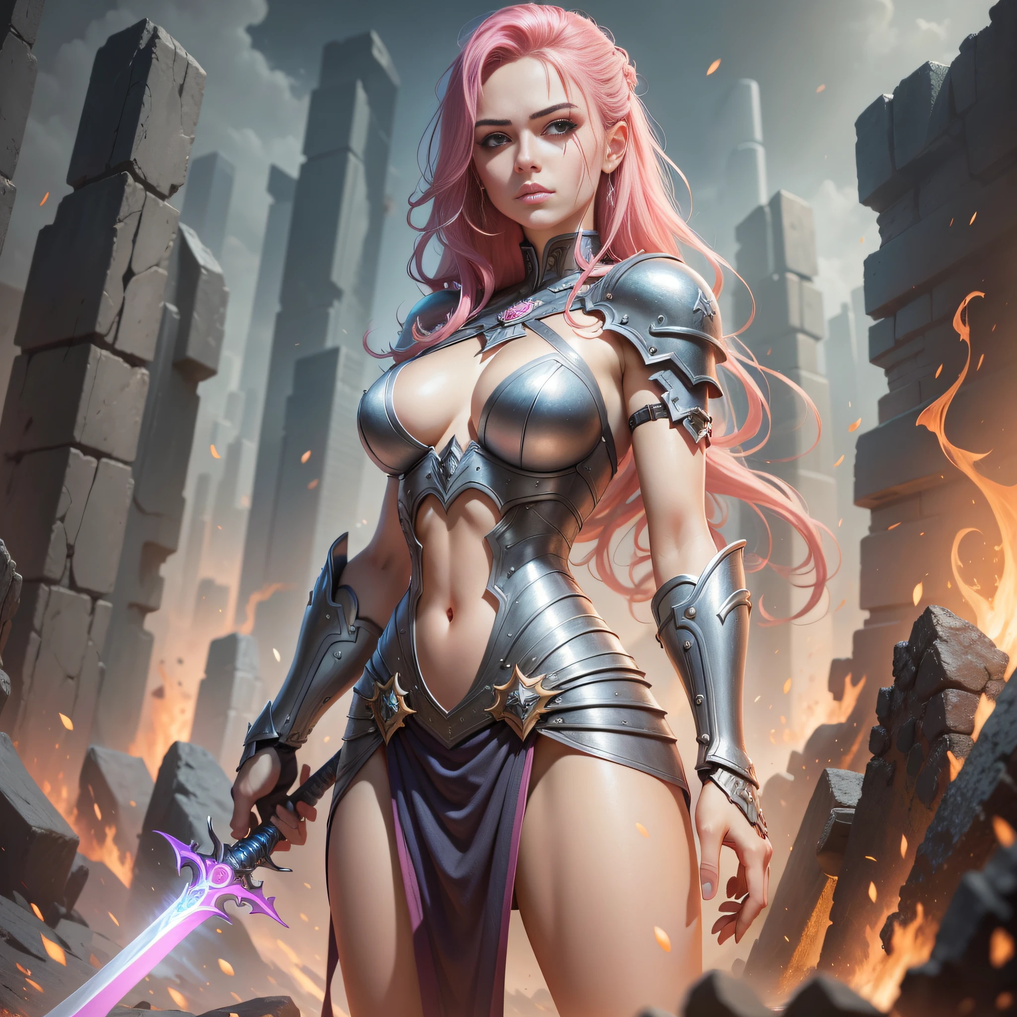 There is a woman with a sword and armor standing in front of a fire, pink hair, Alexandra Fomina Artstation, Artgerm Julie Bell Beeple, Graphic Artist Magali Villeneuve, Aly Fell and Artgerm, ArtGerm Detailed, Fantasy Art Behance, Epic Exquisite Character Art, Stunning Character Art, Concept Art | Artgerm, sideways, sharper and hands and fingers more realistic, perfect hand and fingers