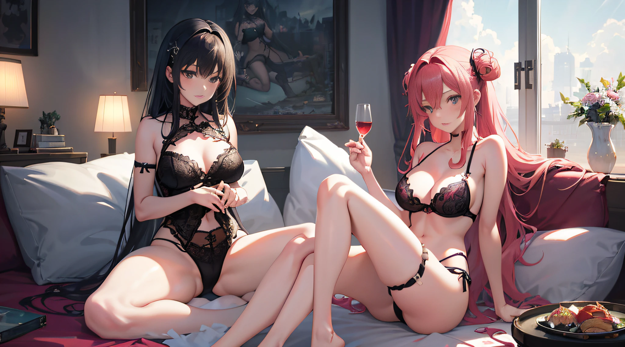 anime - style rendering of two women in lingerie sitting on a bed, wlop and sakimichan, wlop and artgerm, loish and wlop, 8k high quality detailed art, wlop and rossdraws, wlop and krenz cushart, artgerm and wlop, pixiv 3dcg, trending on cgstation