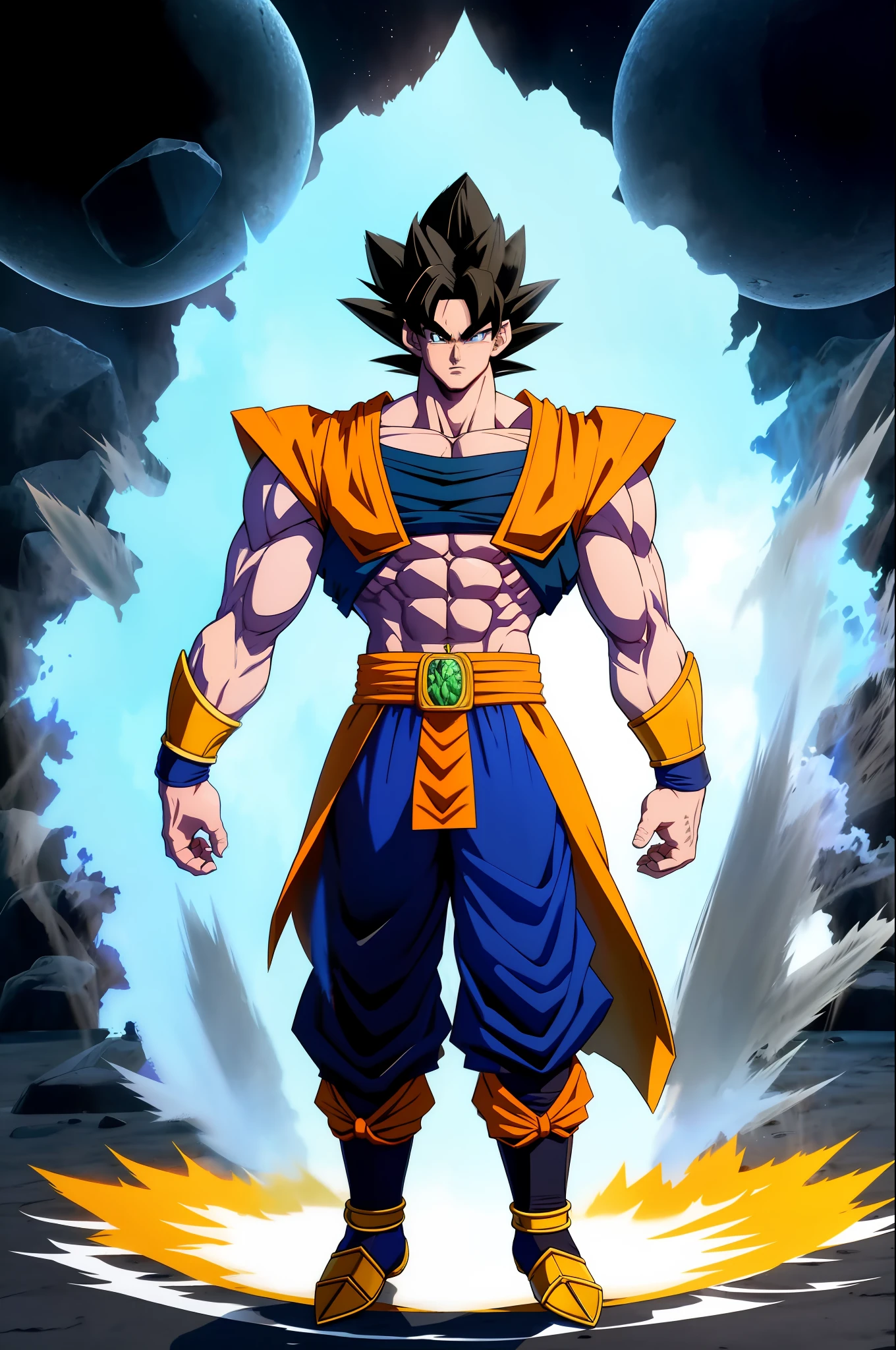 Highly detailed, high quality, masterpiece, beautiful, Ki Charge, aura, sovereign posture, full body, Broly, broly, muscular male, scar, scar on face, scar on chest, black hair, saiyan armor, with Goku lying on the ground