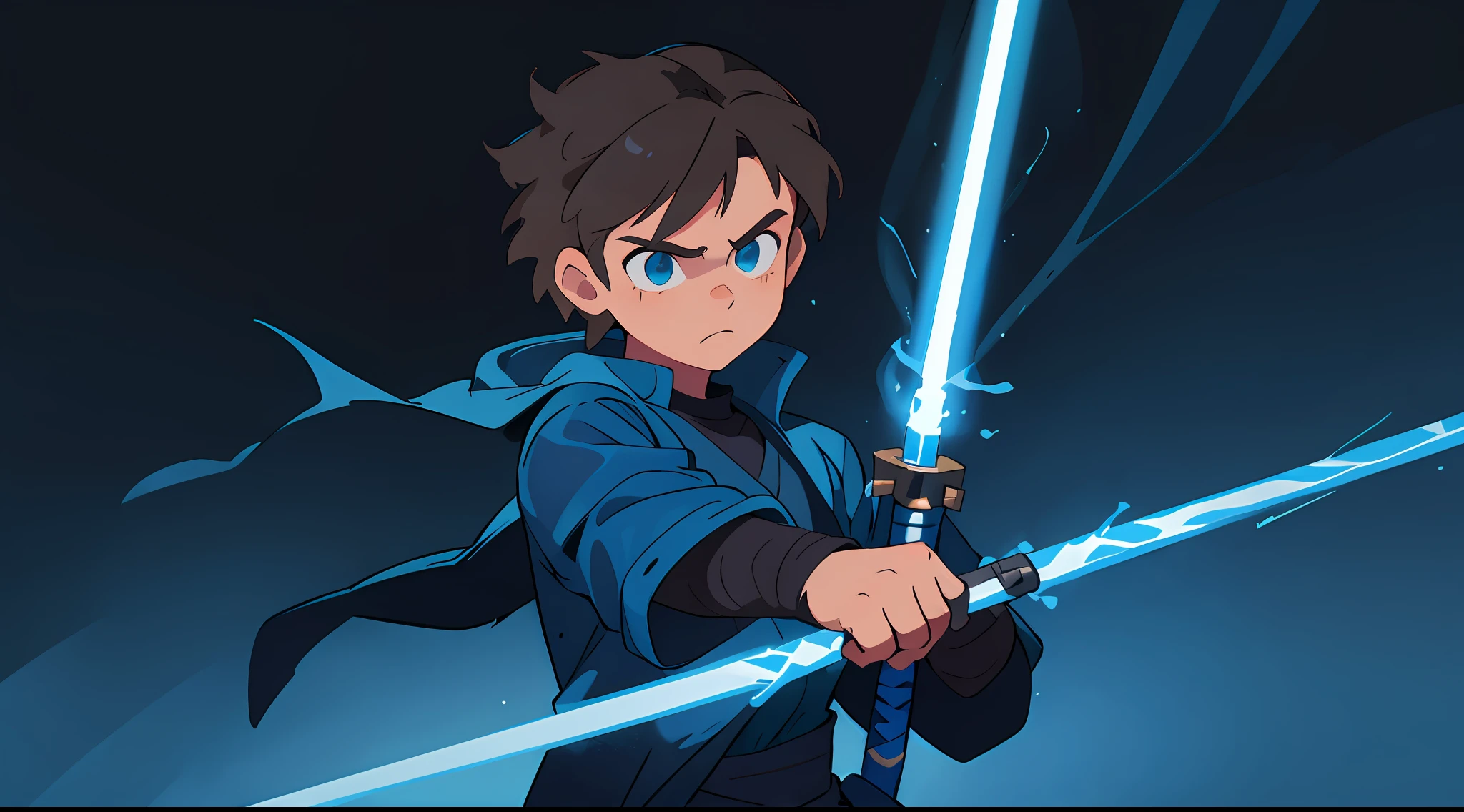 Anakin Skywalker (#AnakinSkywalker:1.2), with a powerful expression, holding (#holding:1.1) his blue (#blue:1.1) lightsaber with both hands above him. The background is dark (#dark:1.1).