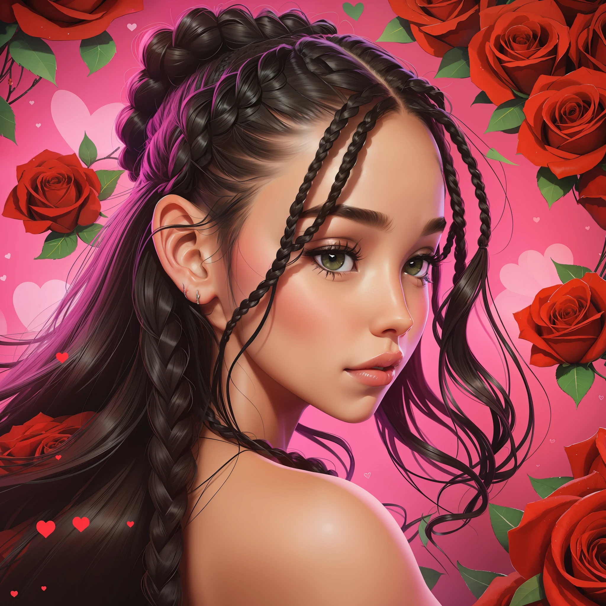 A girl with braids in her hair forming a heart full of roses