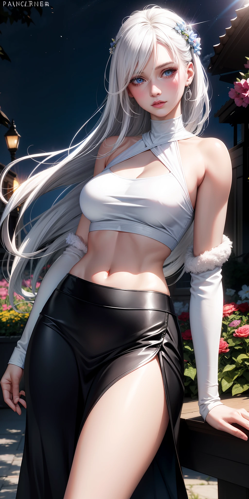 realistic, 1woman, white hair, blue eyes bright eyes, cropped top, skirt, lips parted, blush, night, flowers, sun, sunlight, naked,
