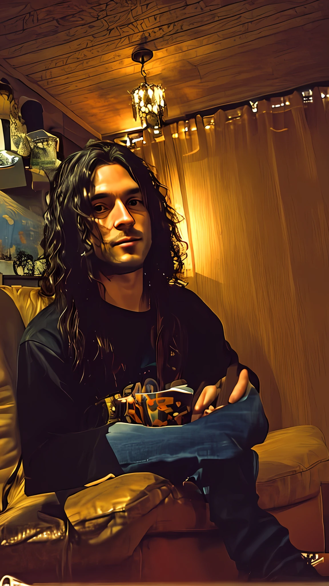 There's a long-haired man sitting on a couch, about 1 9 years old, with his long black hair, very low quality photo, taken in early 2020, about 3 5 years old, taken in the late 2000s, taken in the mid-2000s, profile picture 1024px, anime