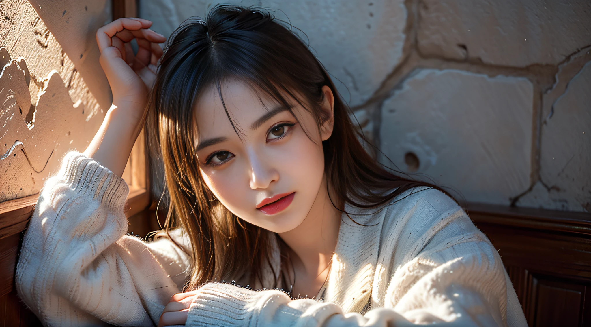 Best Quality, Masterpiece, Ultra High Resolution, (Realistic: 1.4), Original Photo, (Realistic Skin Texture: 1.3), (Film Grain: 1.3), Panorama, Portrait, Very Wide Lens, Narrow Waist, Denim Lens, (In the Dark, Deep Shadows, Underkey, Cold Light,) Night, Close-up, Tears, Cinematic Lighting
indoors, dust, tyndall effect, smile, gloomy (expression), sitting, (against the wall), (head down), lonely,
1 girl, beautiful detail eyes and face, white jabot, brown eyes,