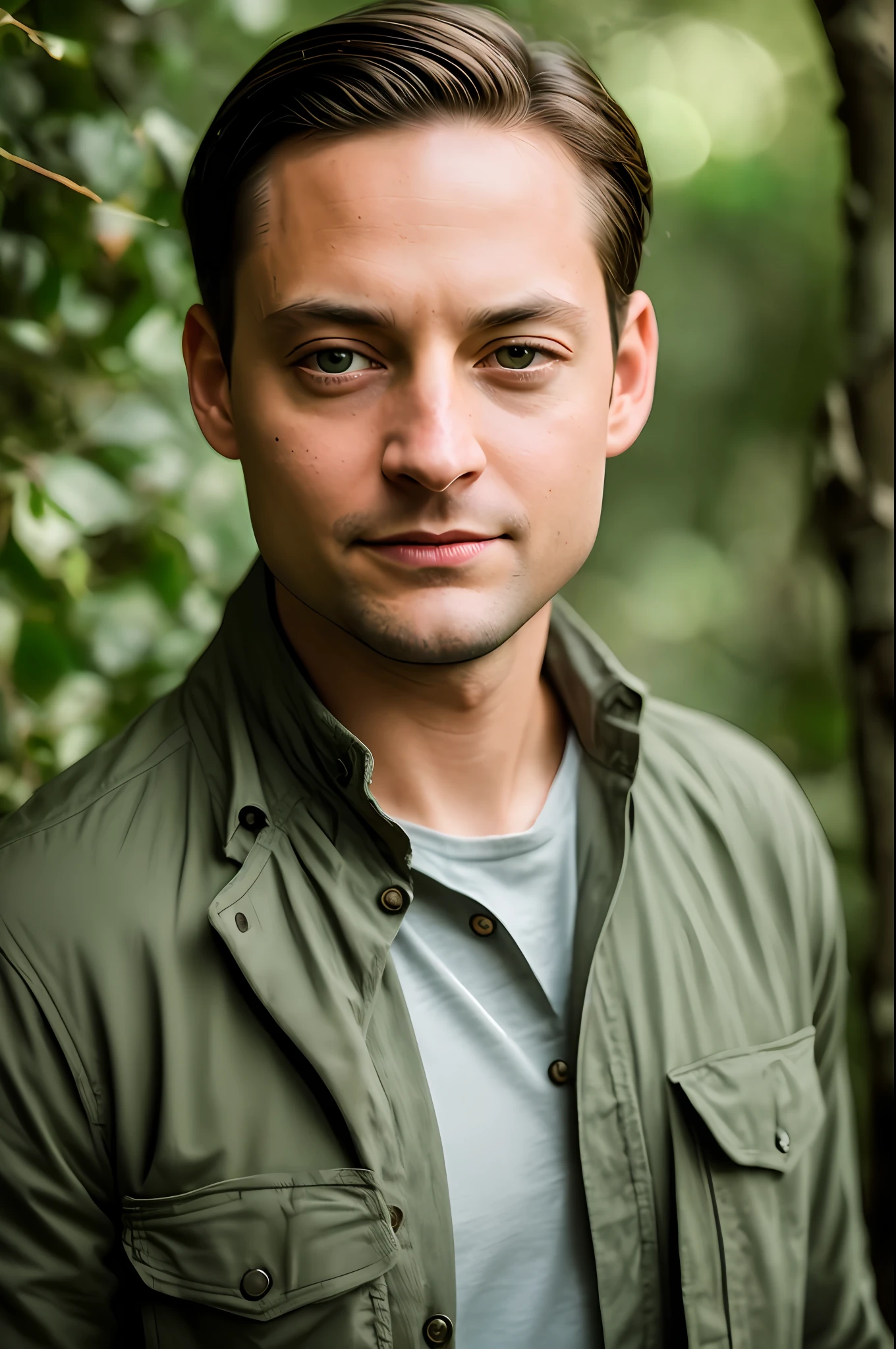 masterpiece, Tobey maguire walking through the jungle at night among fireflies, (high detail: 1 1), rough face, natural skin, high quality, nsfw, beautiful eyes, (detailed face and eyes), (face: 1 2), noise, extra, real photo, PSD, lamp film photography, sharp focus, contrast lighting, detailed skin, high resolution 8k, crazy detail, realistic, professional photography, 8k UHD, SLR camera, soft lighting, high quality, grain film, Fujifilm XT3
