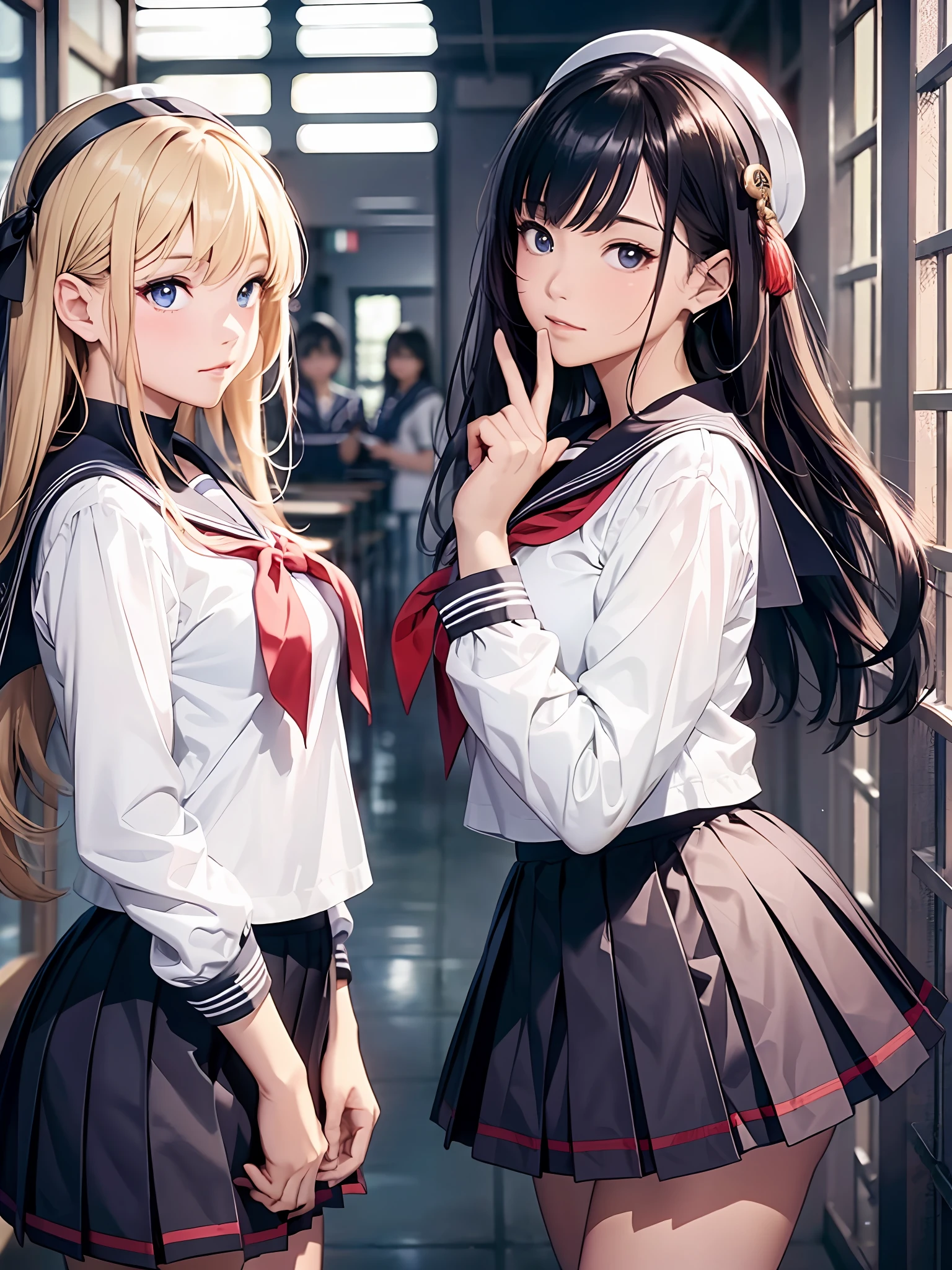 8k,masterpiece, bset quality, big, (2 girls), threesome, shiny skin, shiny big, ((best quality)), group photo, clear focus: 1.2, highly detailed face and skin texture, detailed eyes, perfect face, perfect body, art, cg, blur background, school classroom, school uniform, serafuku, pleated skirt, sailor collar, White shirt,Japan people,