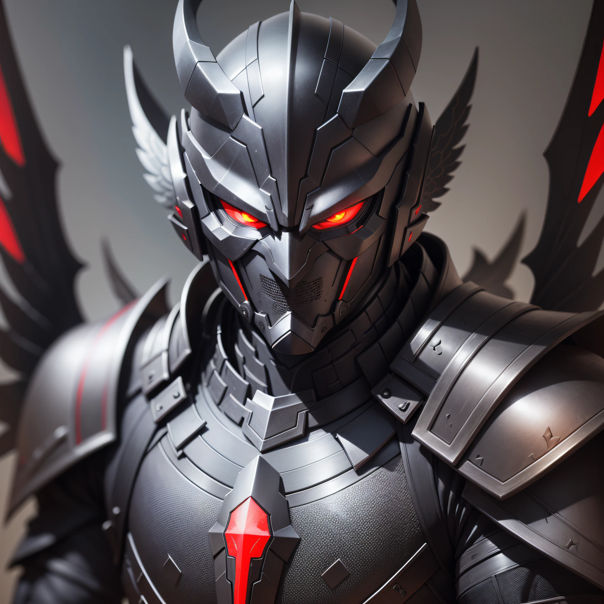darker scene, man, face, black armor, mask, red eyes, high quality, super detailed, super dark armor, front face, darker image, front face, 4 metal wings, closer, more front, black armor, closest image of the character, darkest image and background, front