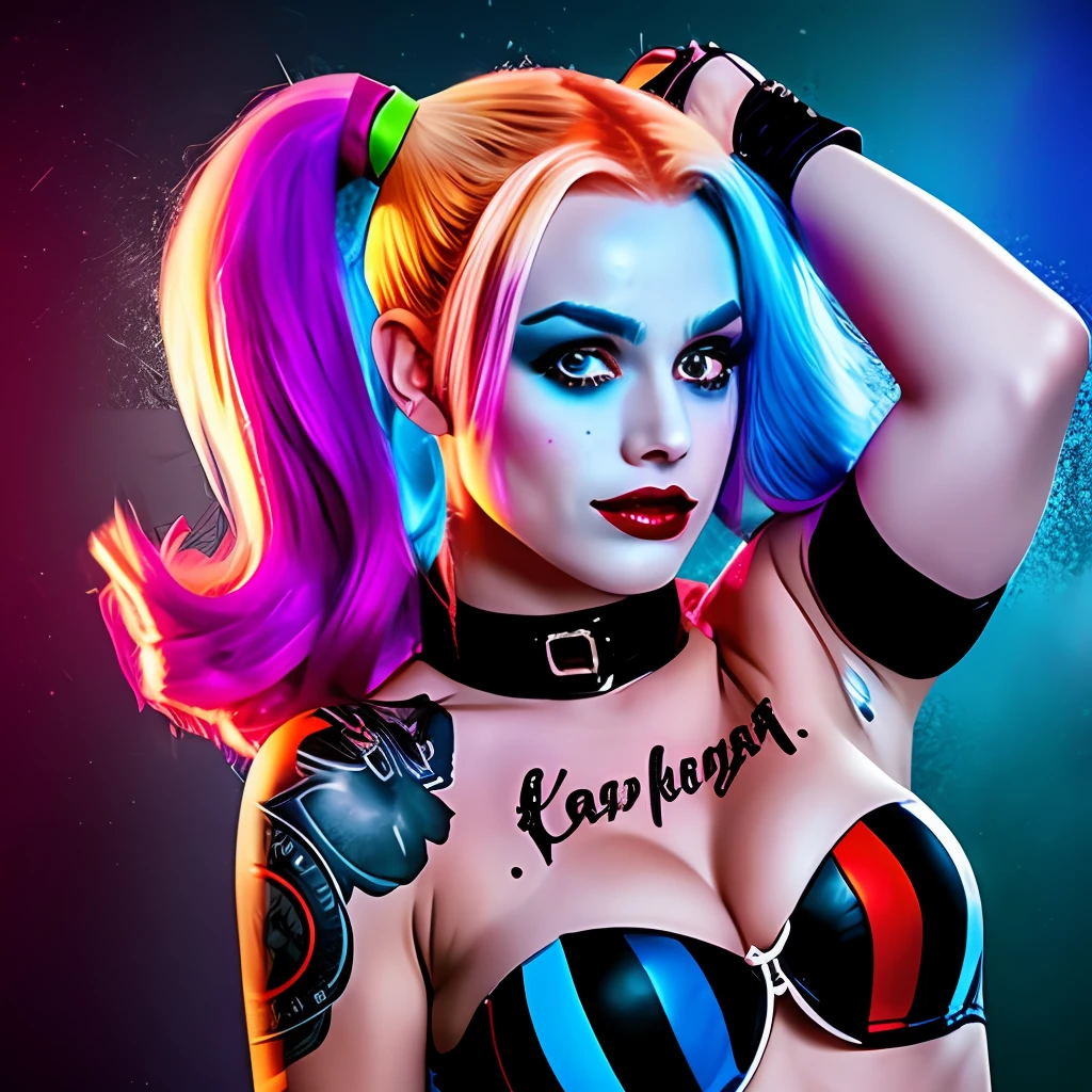Harley Quinn, fictional character from the Batman universe, portrayed in a sensual and attractive way. She's wearing her iconic Harlequin outfit, complete with vibrant colors and eye-catching details. Her pose is confident and seductive, enhancing her captivating personality. The backdrop is a nighttime urban environment, with neon lights and a mysterious atmosphere.Art Styles: Portrait, fashion and glamor photography.Art Inspirations: Contemporary fashion photos, bold and provocative portraits such as those by Annie Leibovitz.Camera: Canon EOS 5D Mark IVCamera Lens: 85mmView: Medium AngleLighting: Soft studio lighting highlights the warm tones and vibrant colors of Harley Quinn's costume.Resolution: 4KRendering Details: High quality and sharp focus to capture every detail of costume and facial expression. --auto --s2