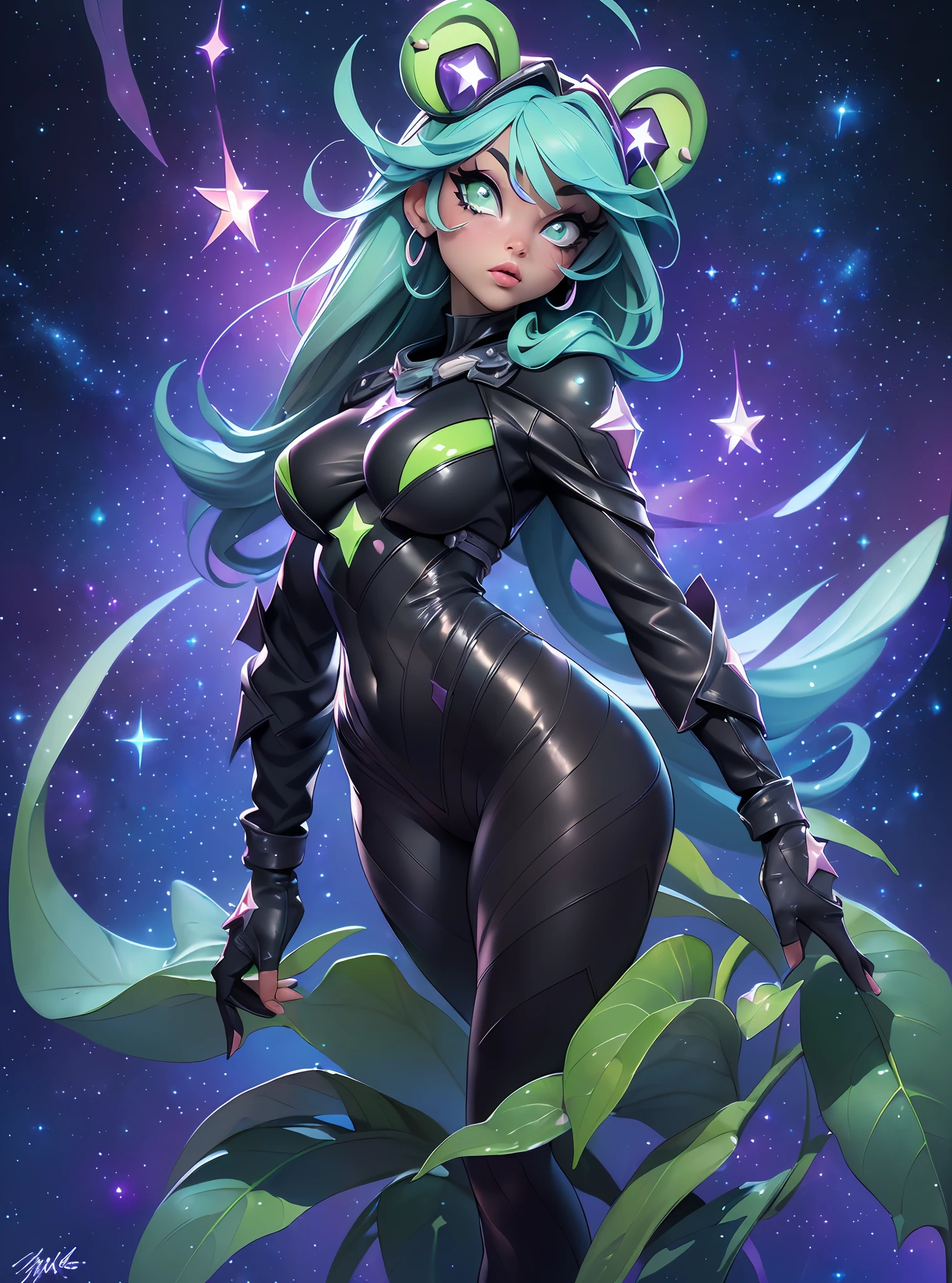 ((Best Quality)), ((Masterpiece)), ((Realistic)) and watercolor drawing of a frog-girl (full body) with goth colors. She has ((starlight hair)), wears a (small black micro-thong:star motif ) , ((beautiful and aesthetic)), muscular fit body abs, sexy, under-boobs, hot, (star filled sky background) (clear background:1.35), (particles ,firefly, blue glowing):1.3,