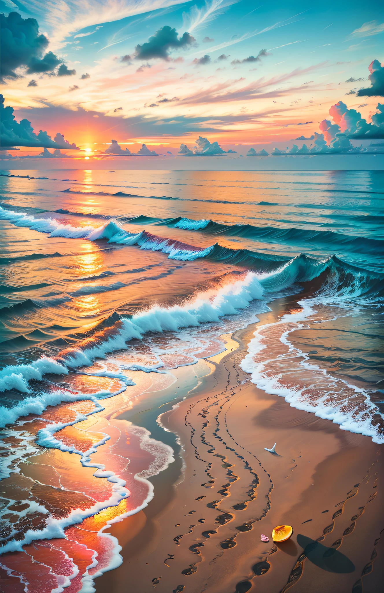 An absolutely mesmerizing sunset over the beach, with a blend of oranges, pinks, and yellows filling the sky. Crystal-clear waters of the sea gently kissing the shore, with sandy white beach stretching far and wide. The scene is dynamic and breathtaking, with seagulls soaring high in the sky and gently swaying palm trees. Take in the calming atmosphere and let the peacefulness wash over you.