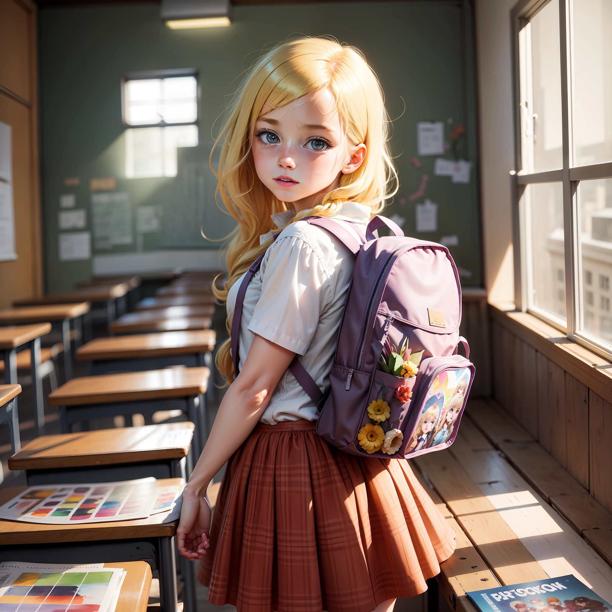 Watercolour. Detailed. In comic book style, Outlined. Comic book. 2D drawing. A ***************, blonde European, is in an old and beautiful classroom, she is wearing school uniform with backpack on the back and it is her first day of school. The room has large windows and illuminated by sunlight, the room has many children, boys and girls of the same age as her, light and shade, colorful --auto --s2